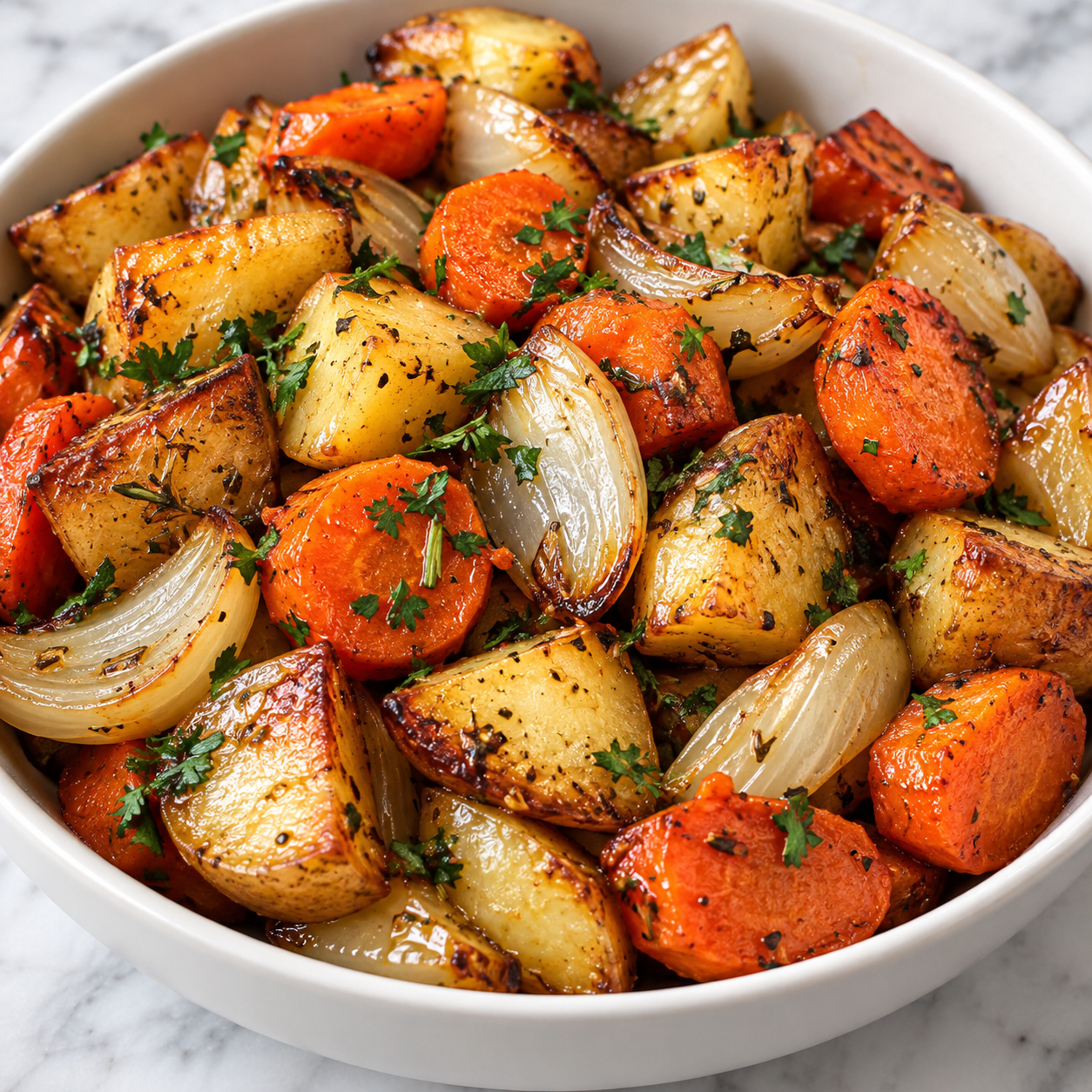 Roasted carrots, potatoes, and onions with parsley in a white bowl