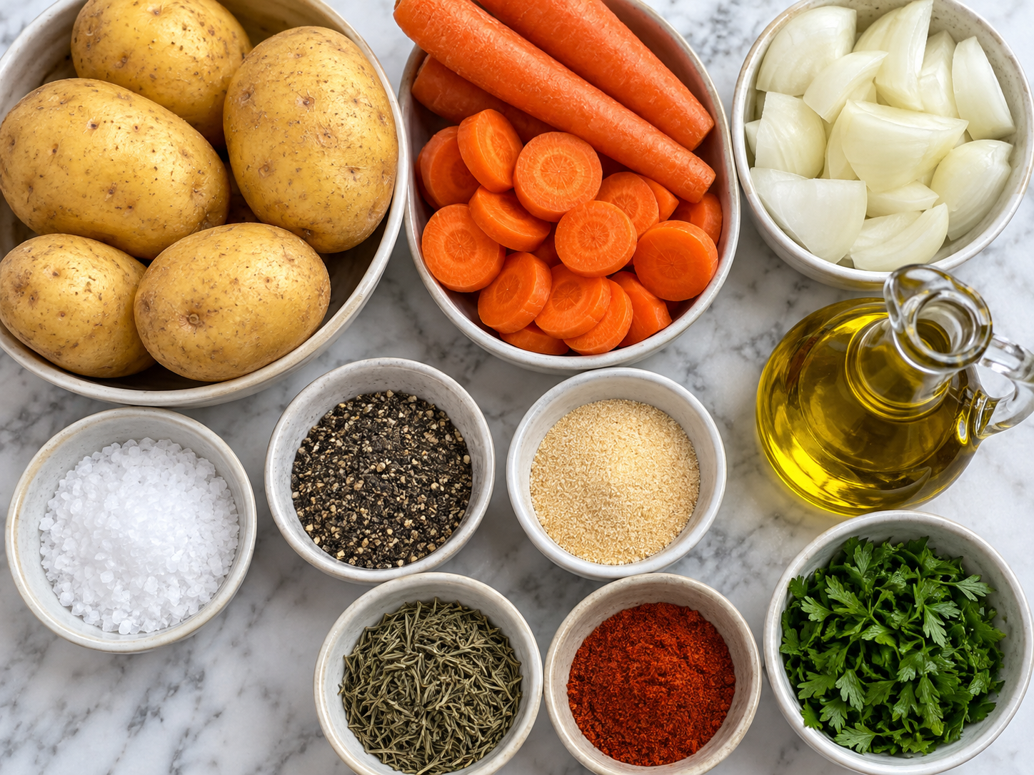 Ingredients for roasted carrots, potatoes, and onions on a wooden surface