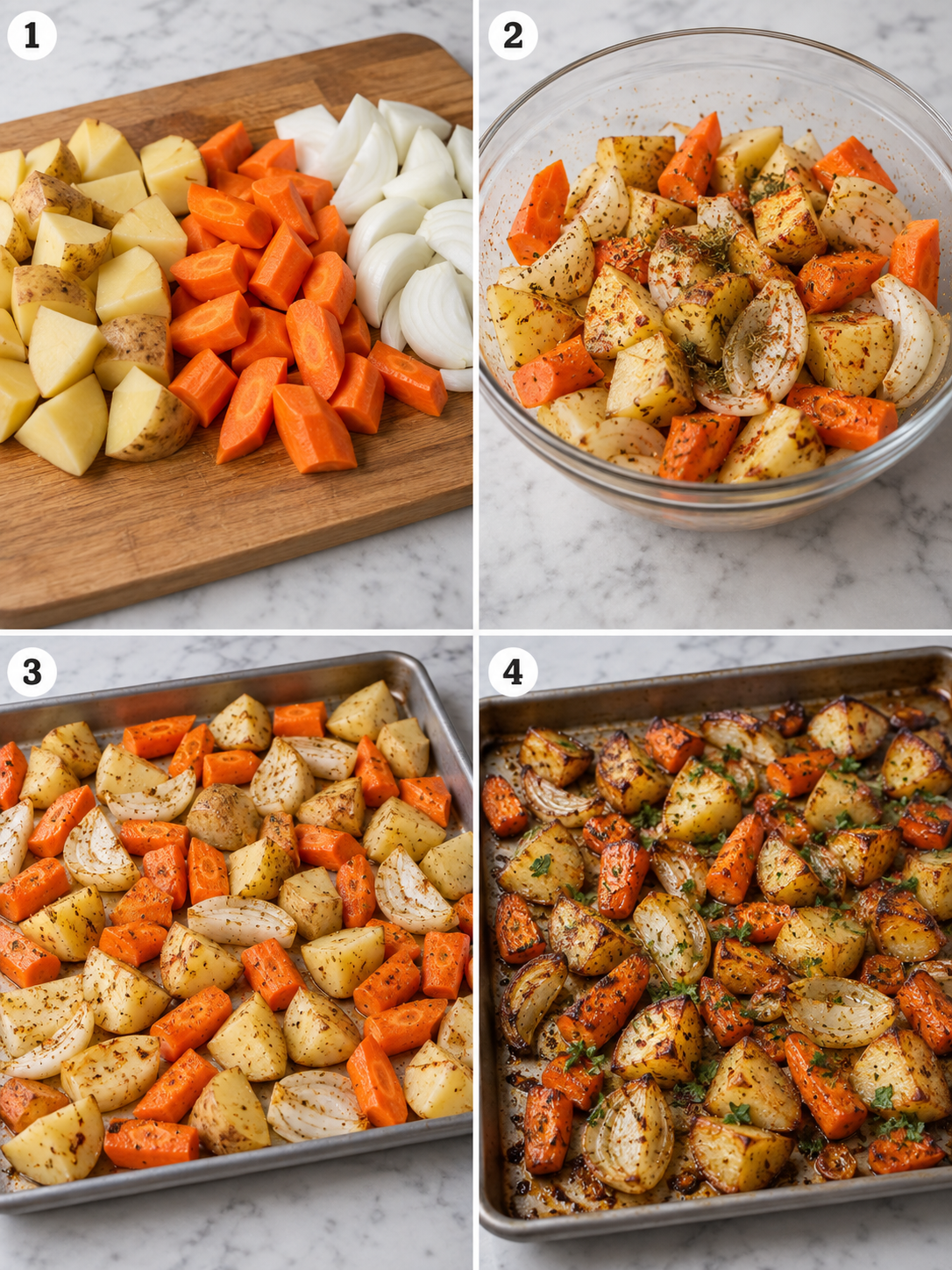 Four cooking steps for roasted carrots, potatoes, and onions