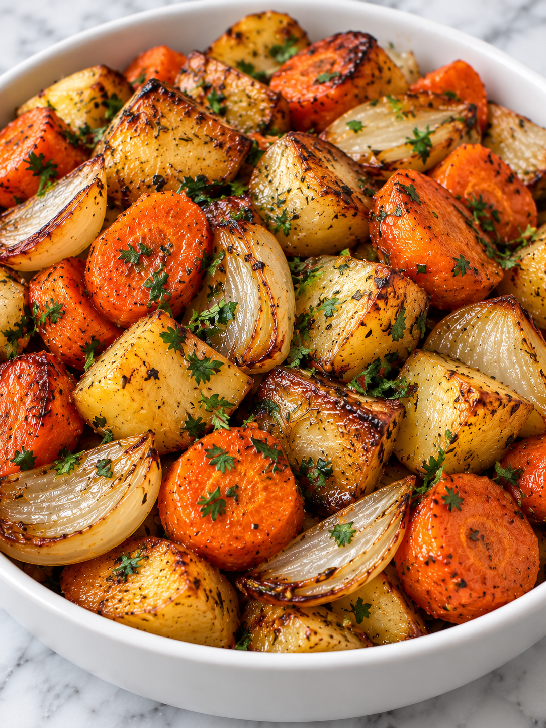 Roasted carrots, potatoes, and onions with browned edges and parsley
