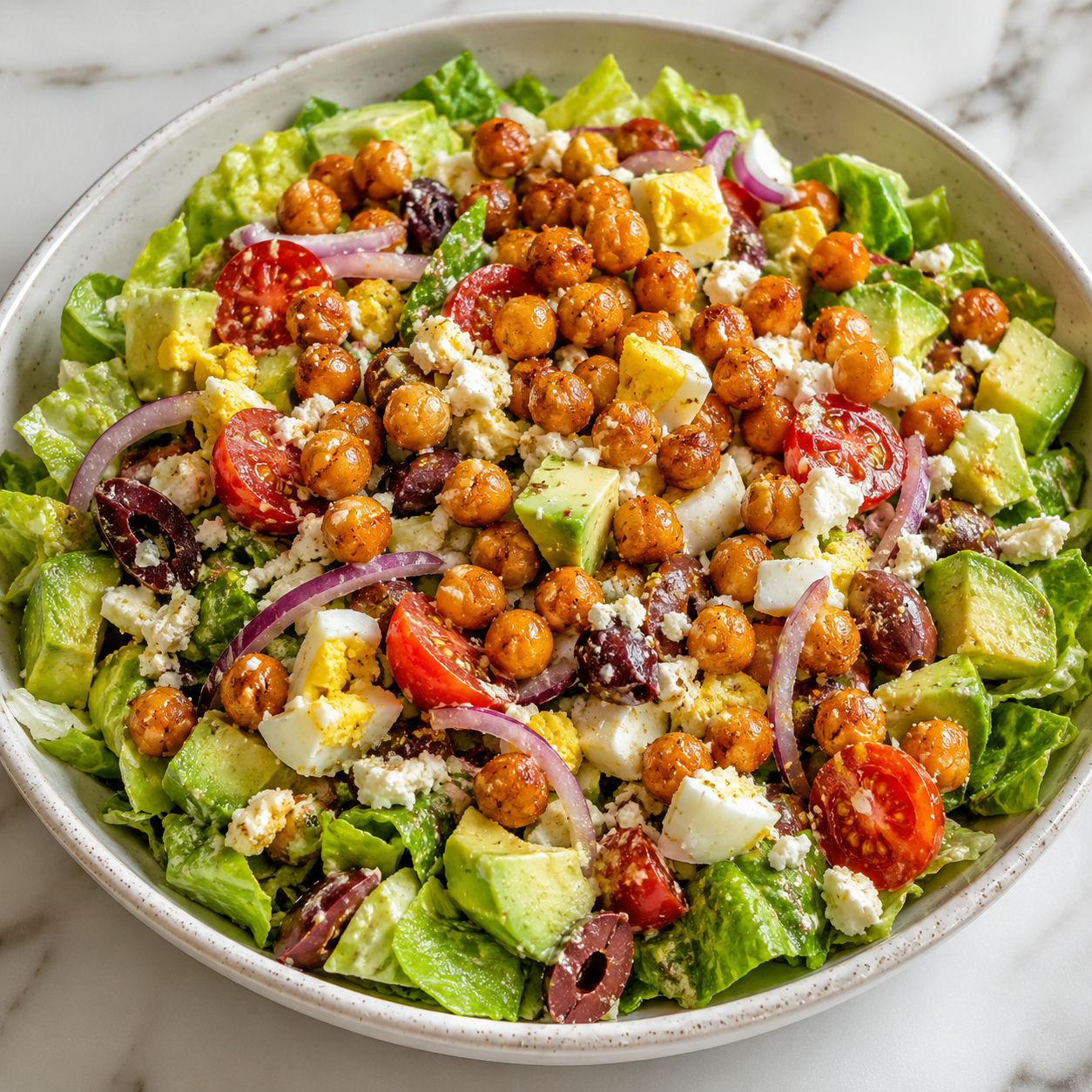 Roasted chickpea salad with avocado, feta, egg, tomatoes, and olives
