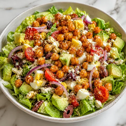Roasted chickpea salad with avocado, feta, egg, tomatoes, and olives