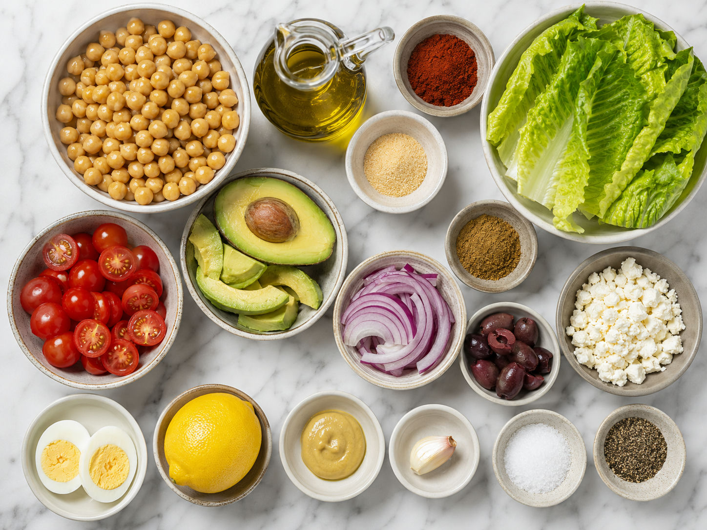 Ingredients for roasted chickpea salad with greens, avocado, feta, and lemon