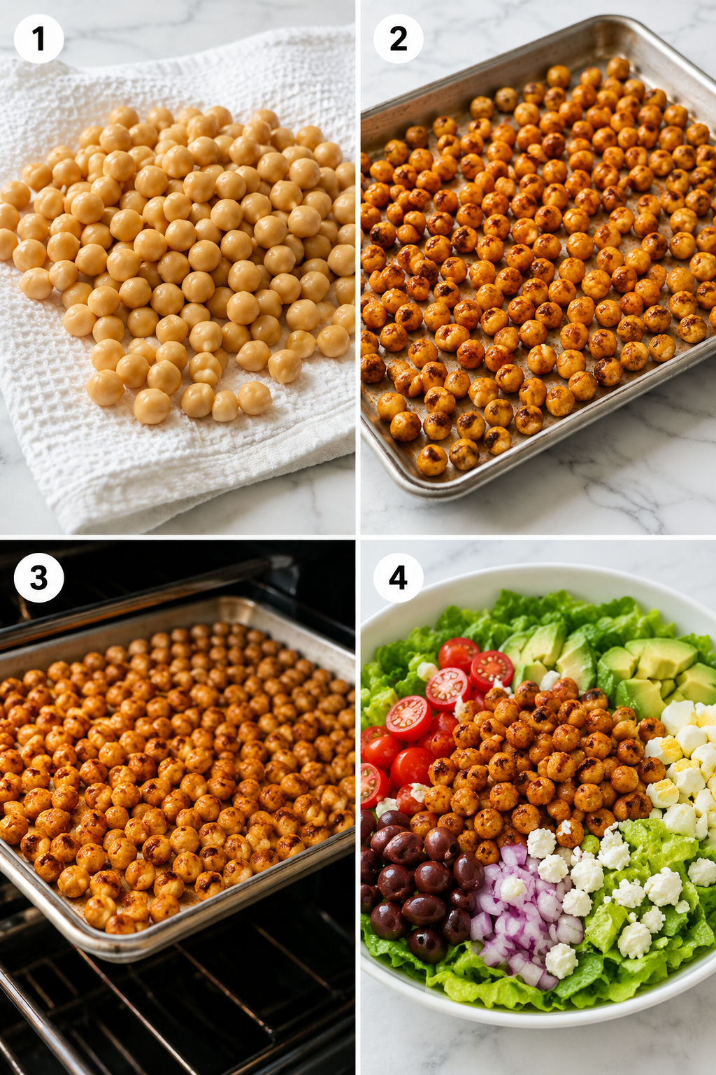 Four steps for drying, seasoning, roasting, and assembling chickpea salad