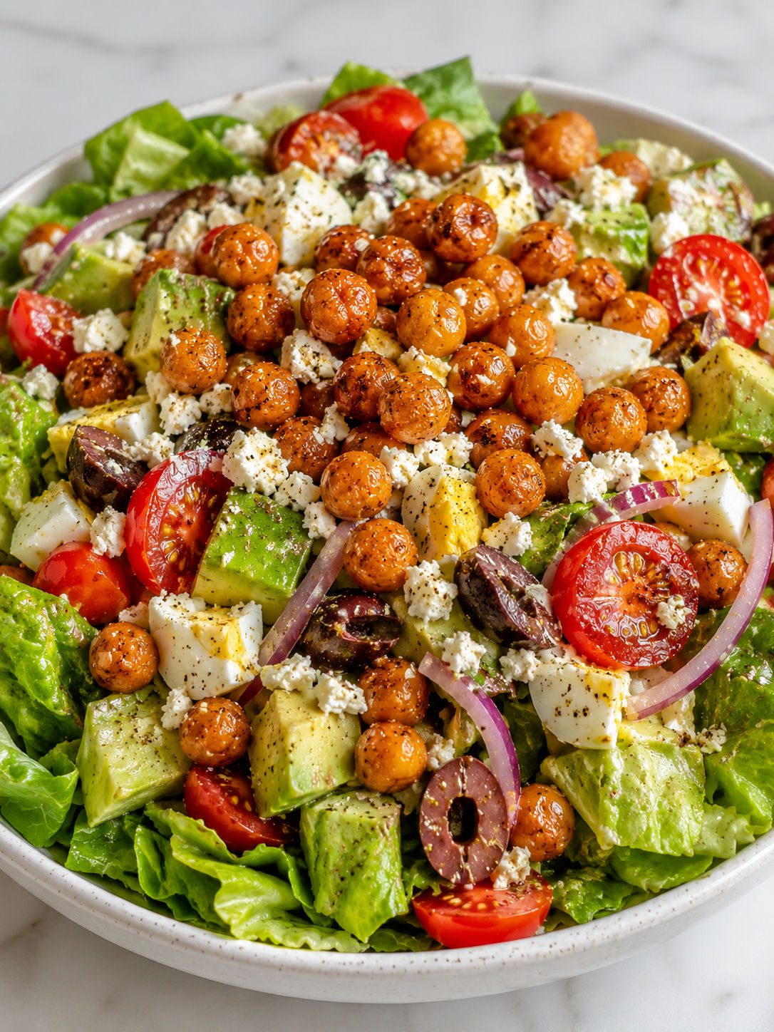Roasted chickpea salad filling the frame with avocado, feta, and tomatoes