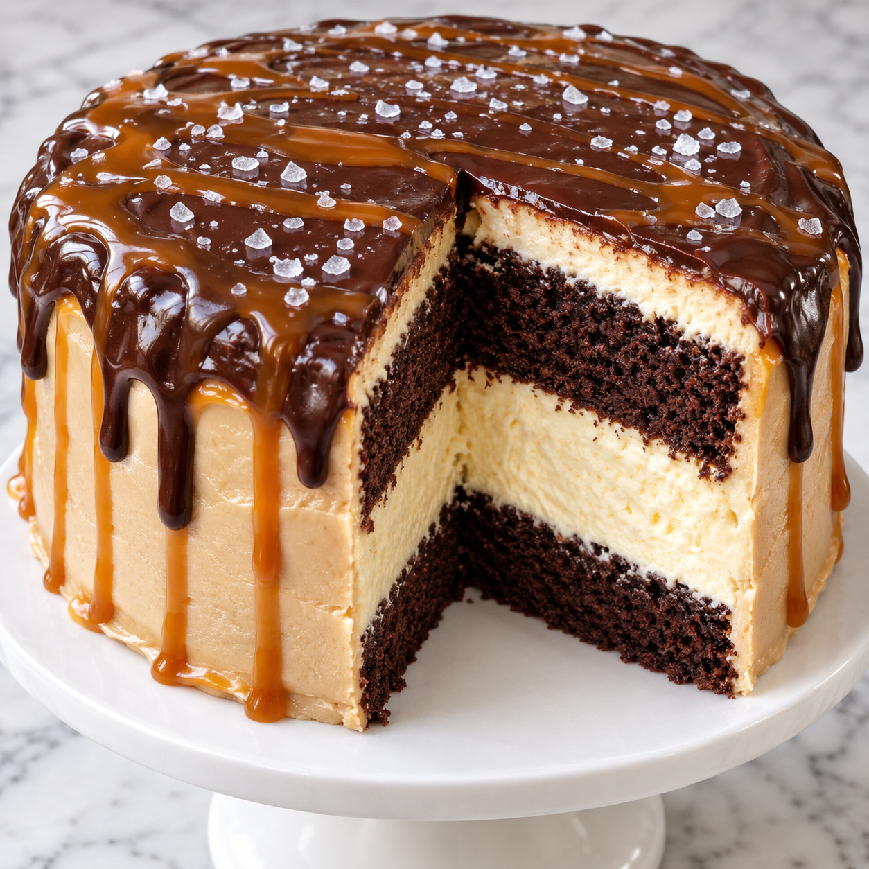 Salted caramel chocolate cheesecake cake with ganache and caramel drizzle