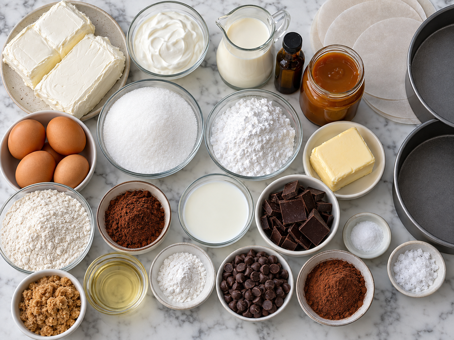 Ingredients for salted caramel chocolate cheesecake cake on a marble counter