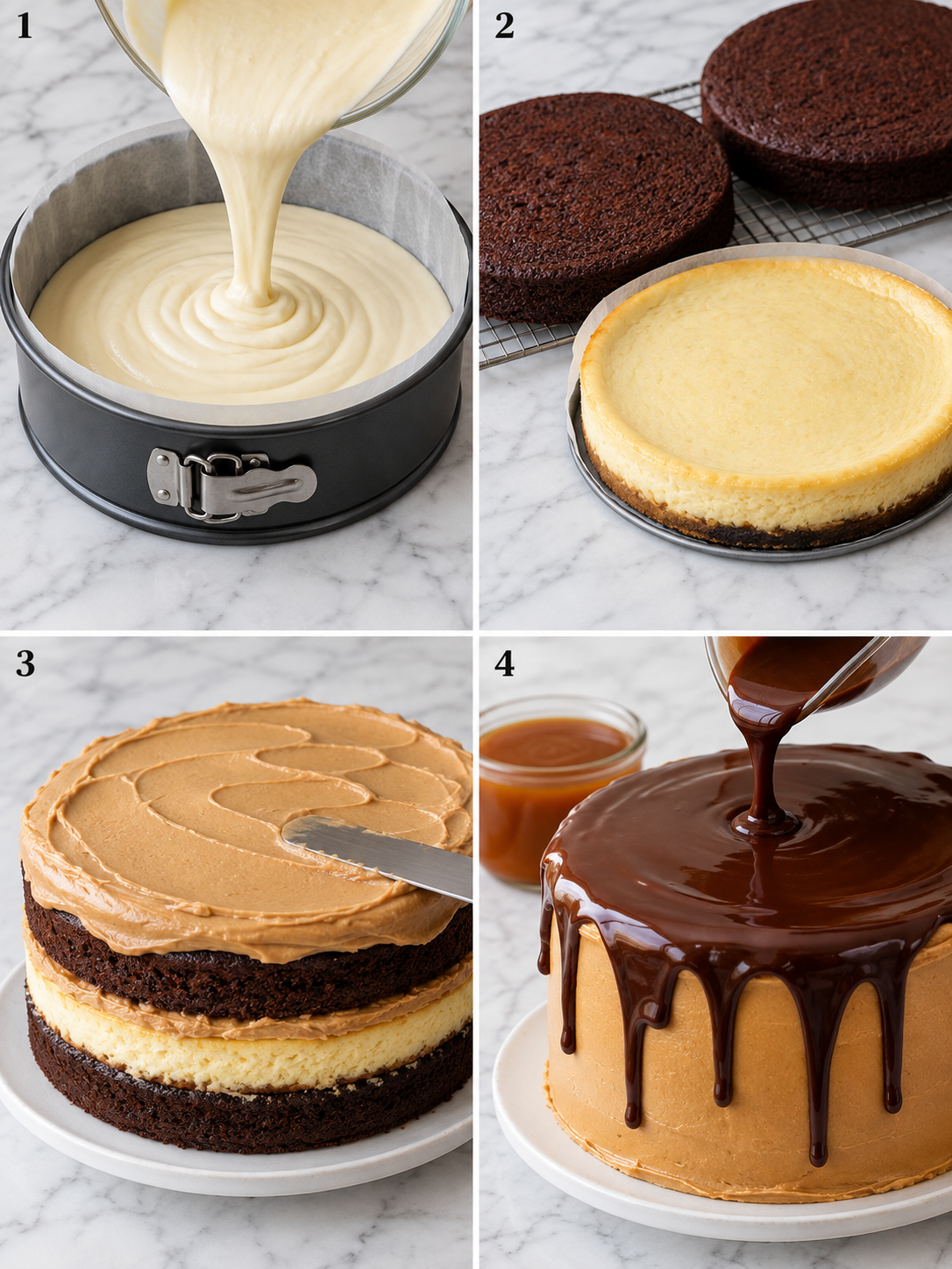 Four steps for assembling salted caramel chocolate cheesecake cake