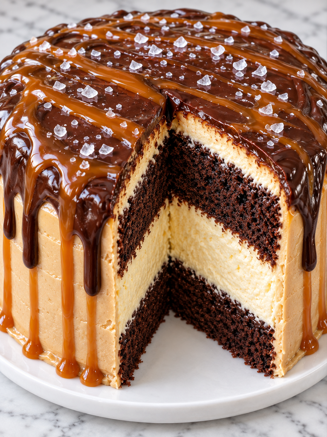 Tall slice of salted caramel chocolate cheesecake cake with ganache
