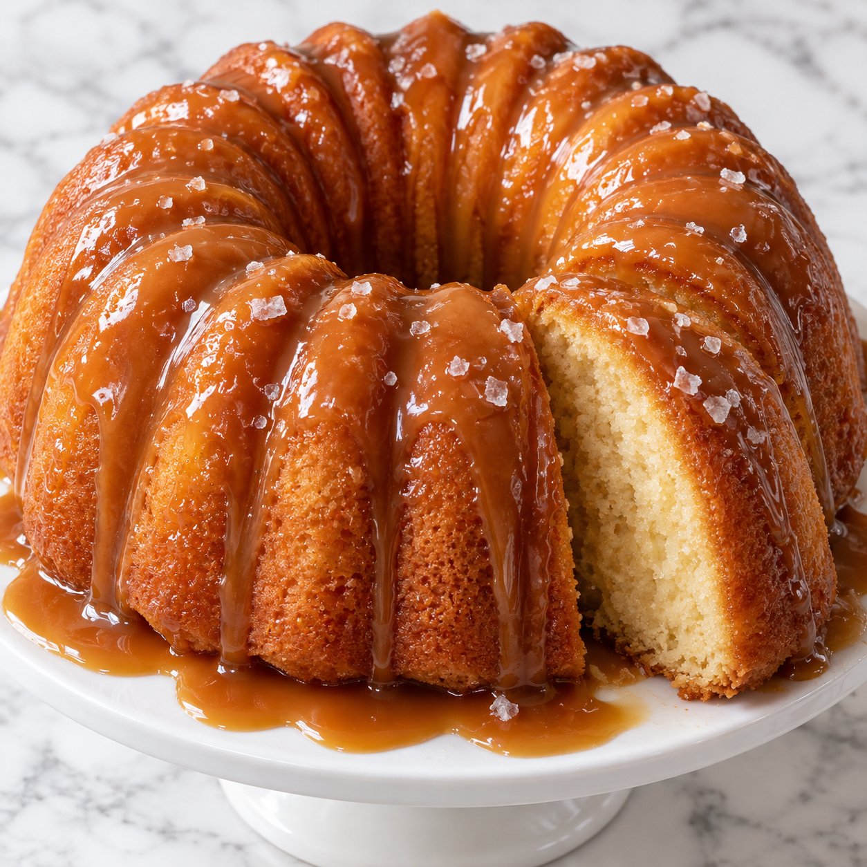Salted caramel Kentucky butter cake with caramel drips and flaky salt