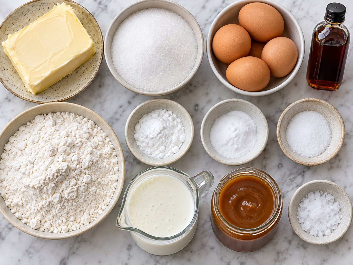 Ingredients for salted caramel Kentucky butter cake on a wood counter