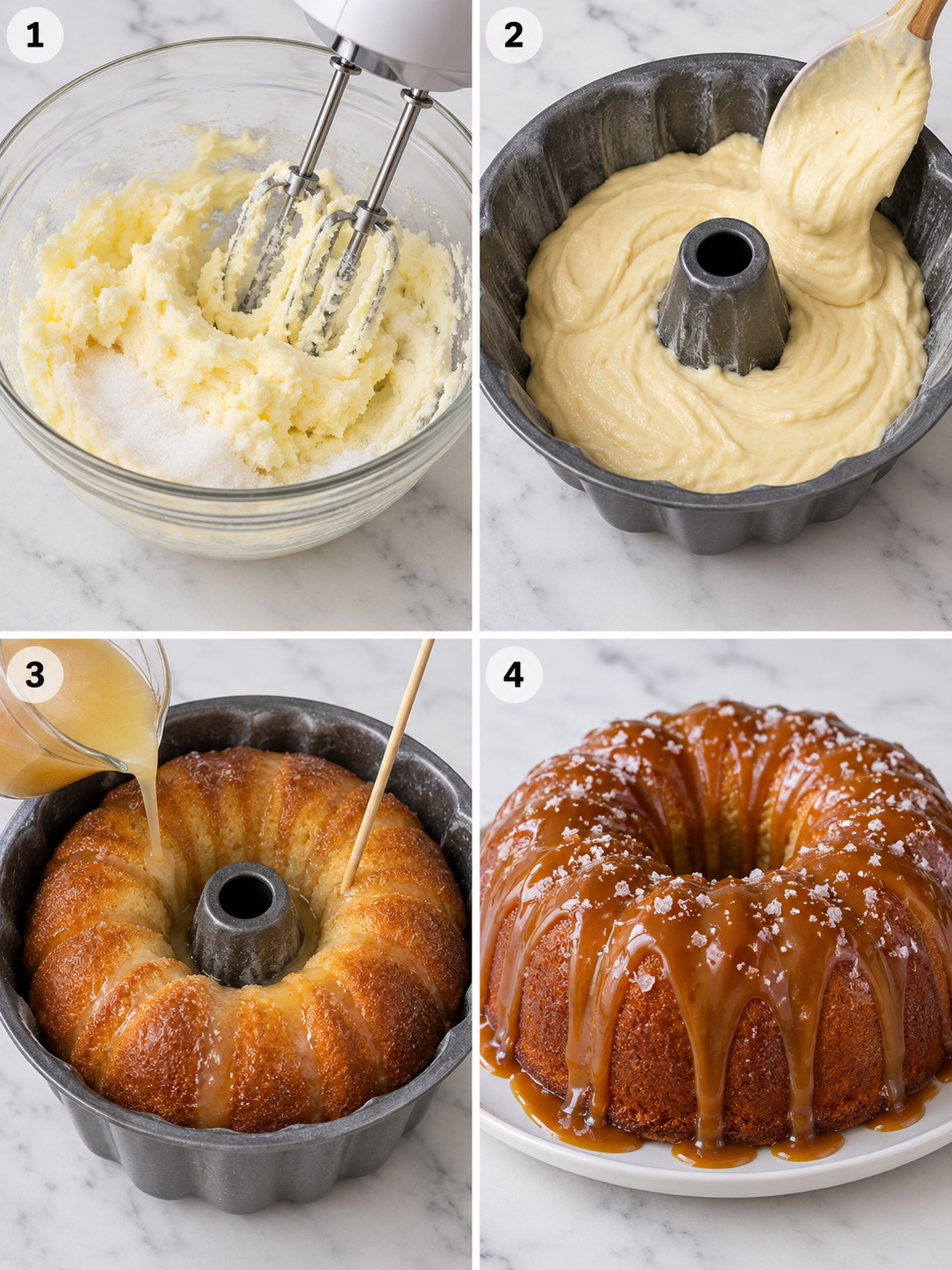 Four steps for making salted caramel Kentucky butter cake