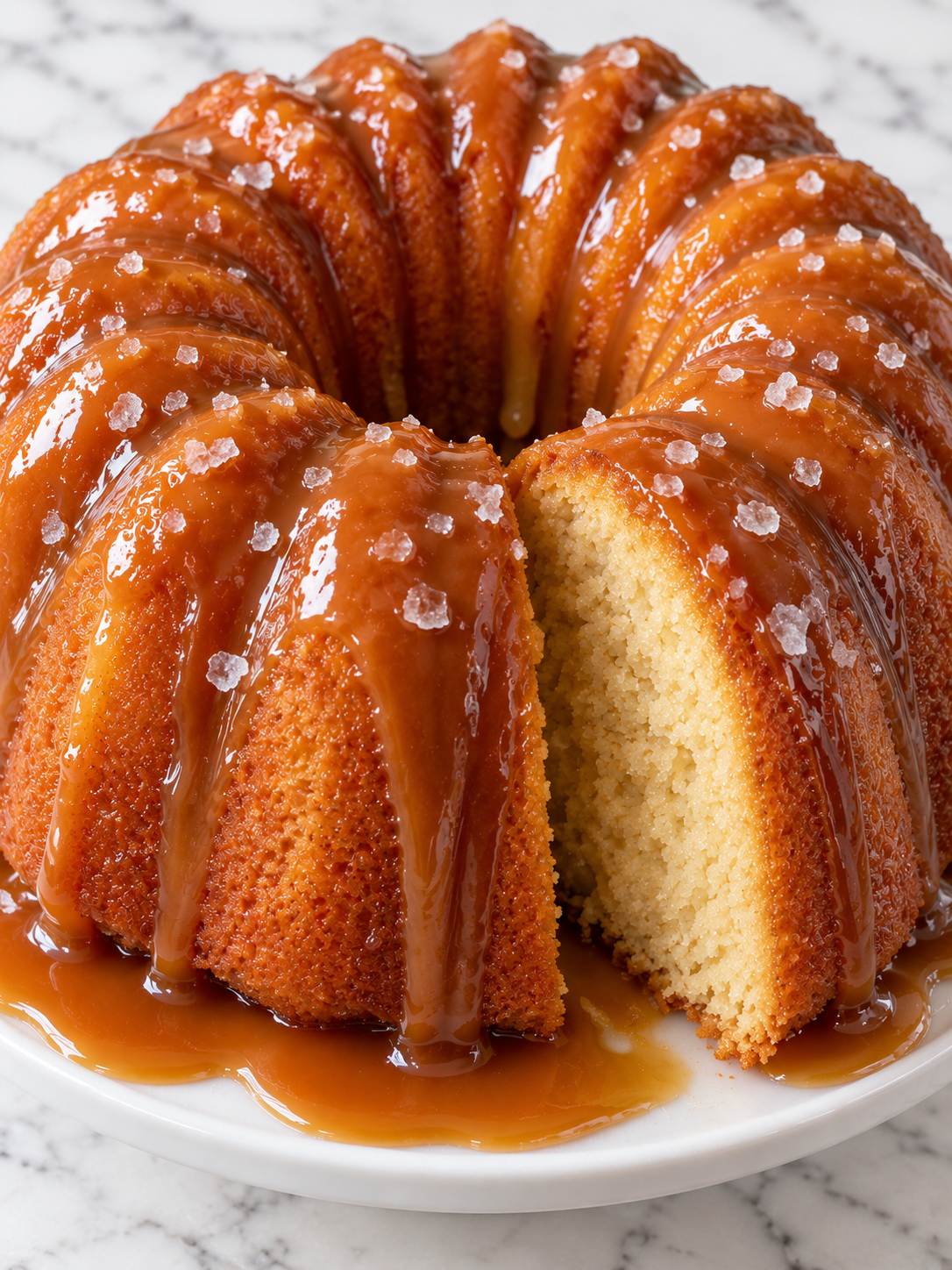 Salted caramel Kentucky butter cake slice with glossy caramel and sea salt