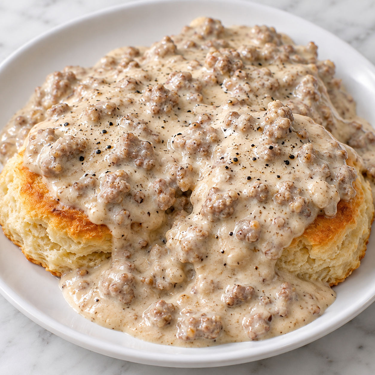 Sausage gravy over split buttermilk biscuits with black pepper