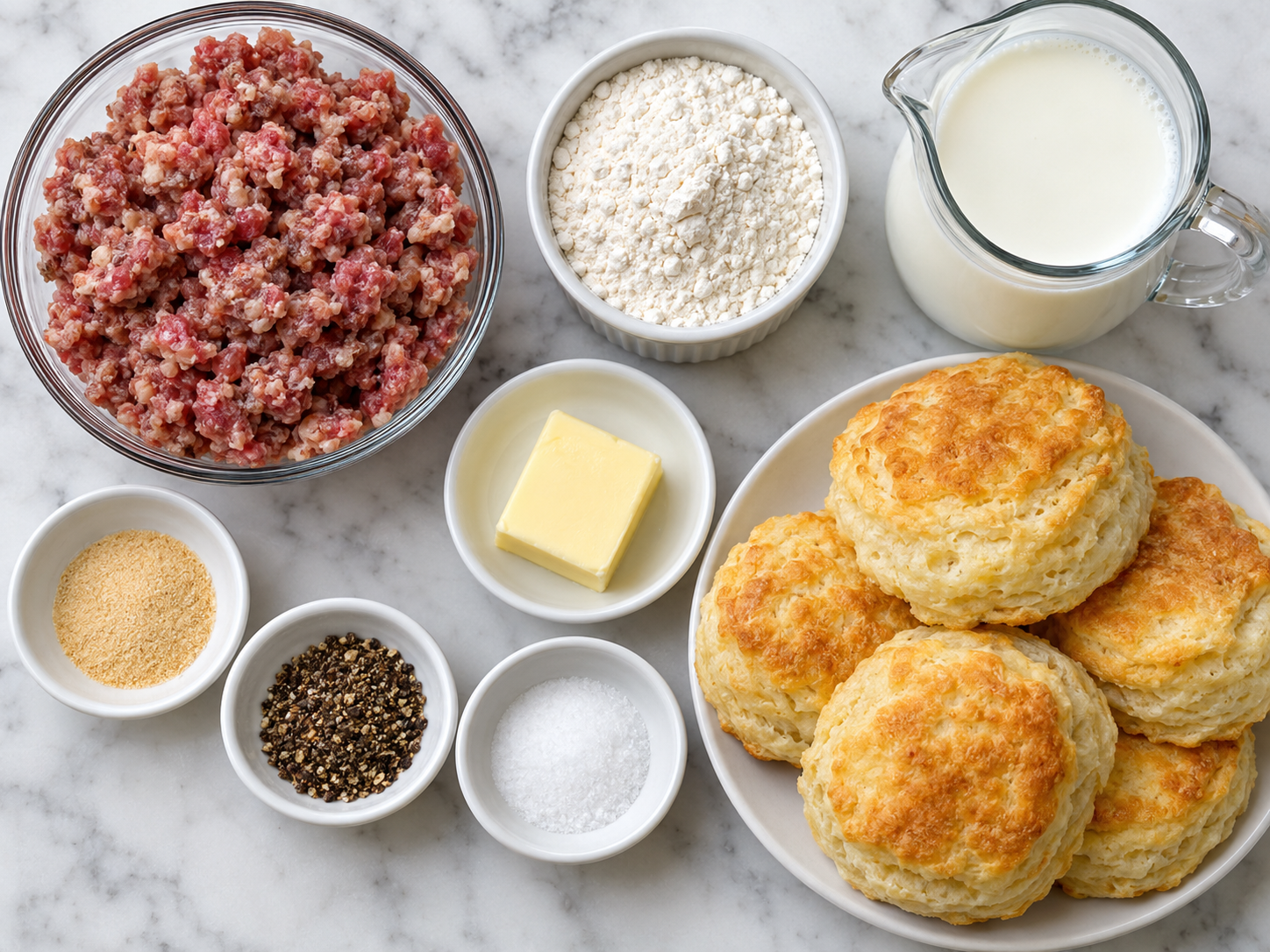 Ingredients for sausage gravy with breakfast sausage, milk, flour, and biscuits
