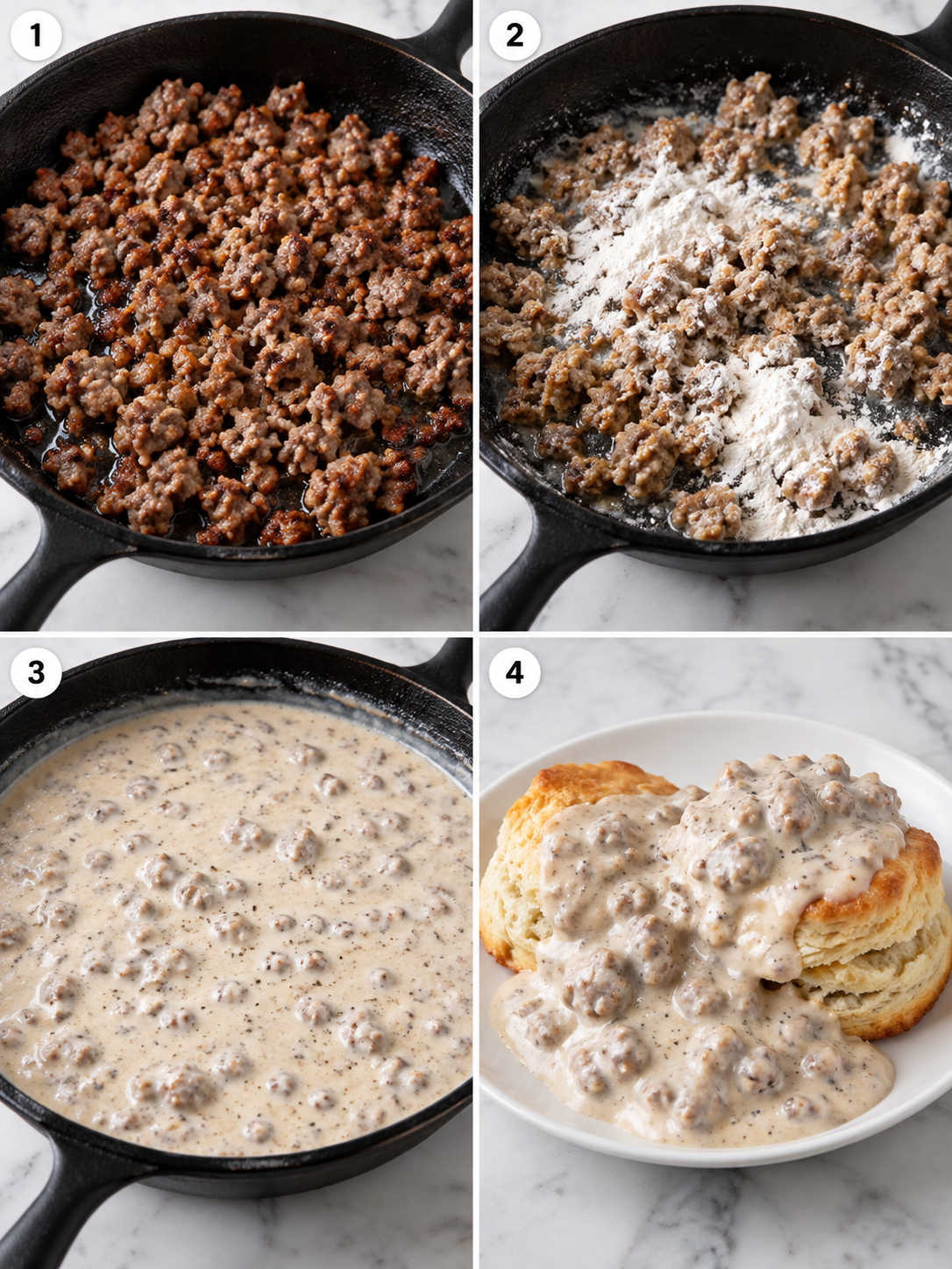 Four cooking steps for sausage gravy from browning sausage to serving biscuits