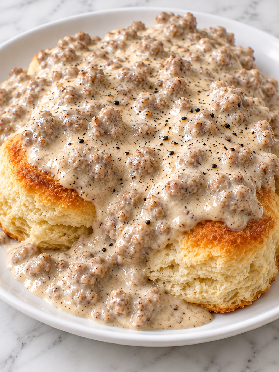 Creamy sausage gravy cascading over flaky buttermilk biscuits