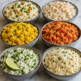 Six bowls of savory rice with herbs, lime, parmesan, tomato, and coconut