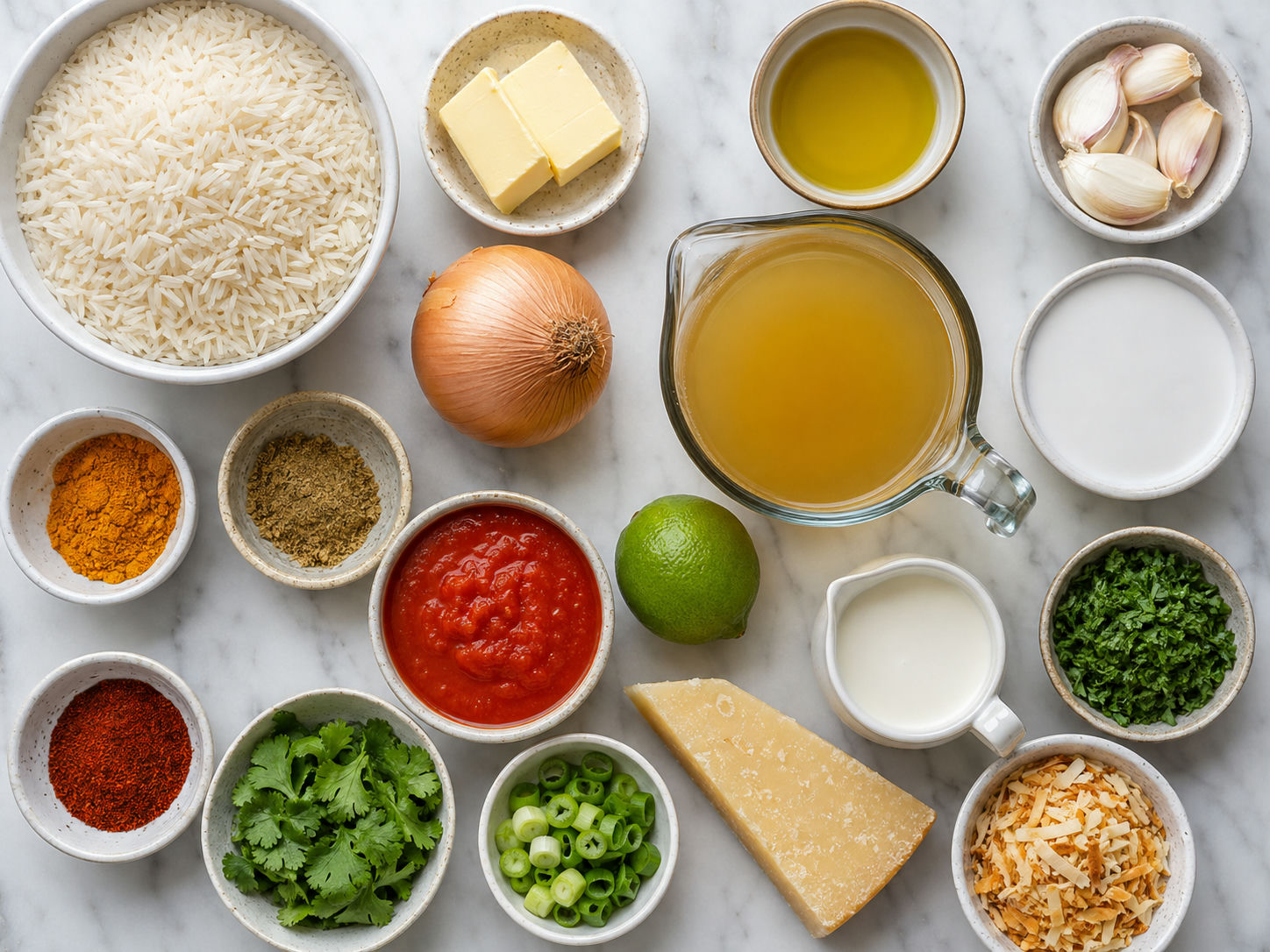 Raw rice ingredients with garlic, herbs, lime, coconut milk, tomato, and parmesan