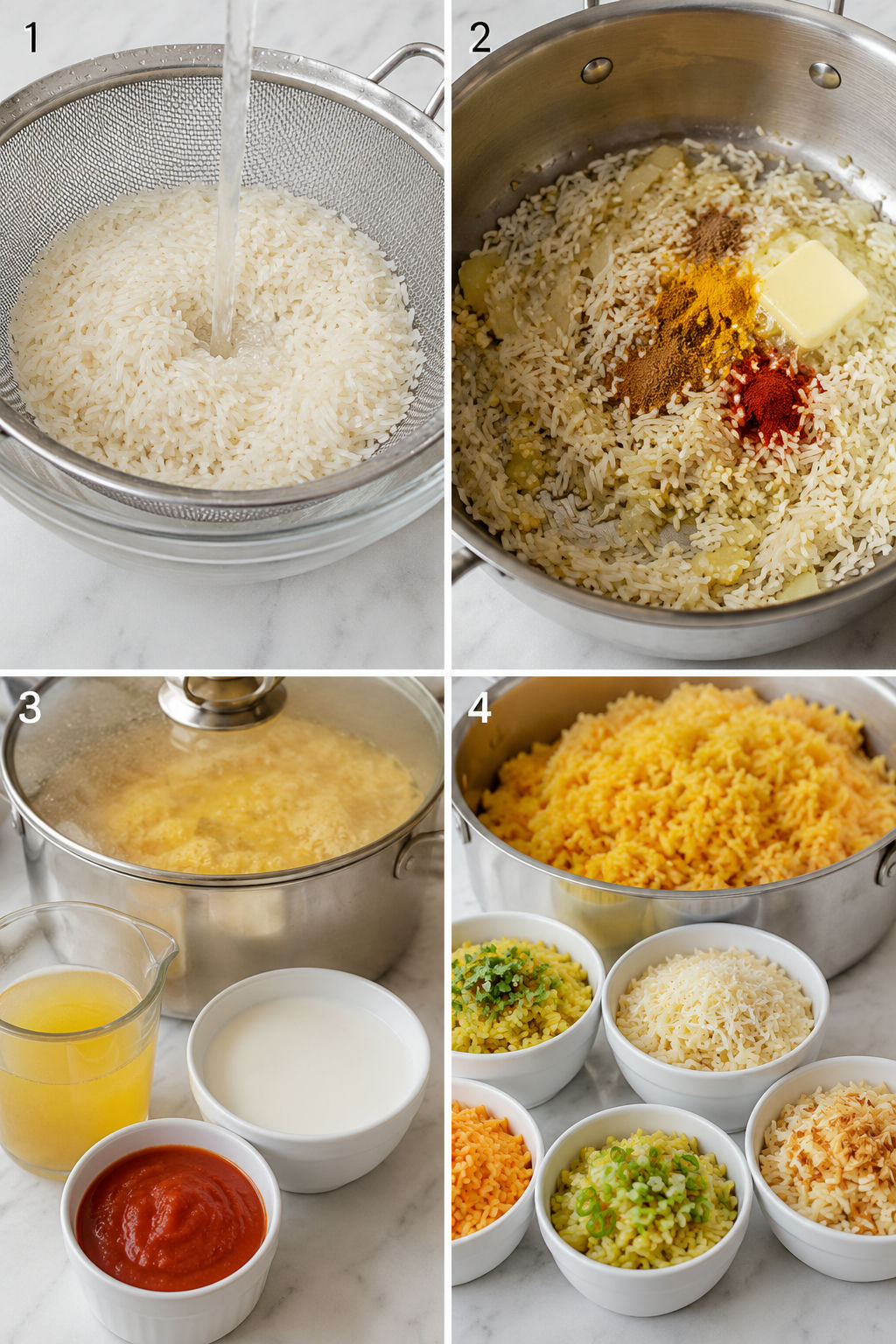 Rice rinsing, toasting, simmering, and fluffing in a bright kitchen