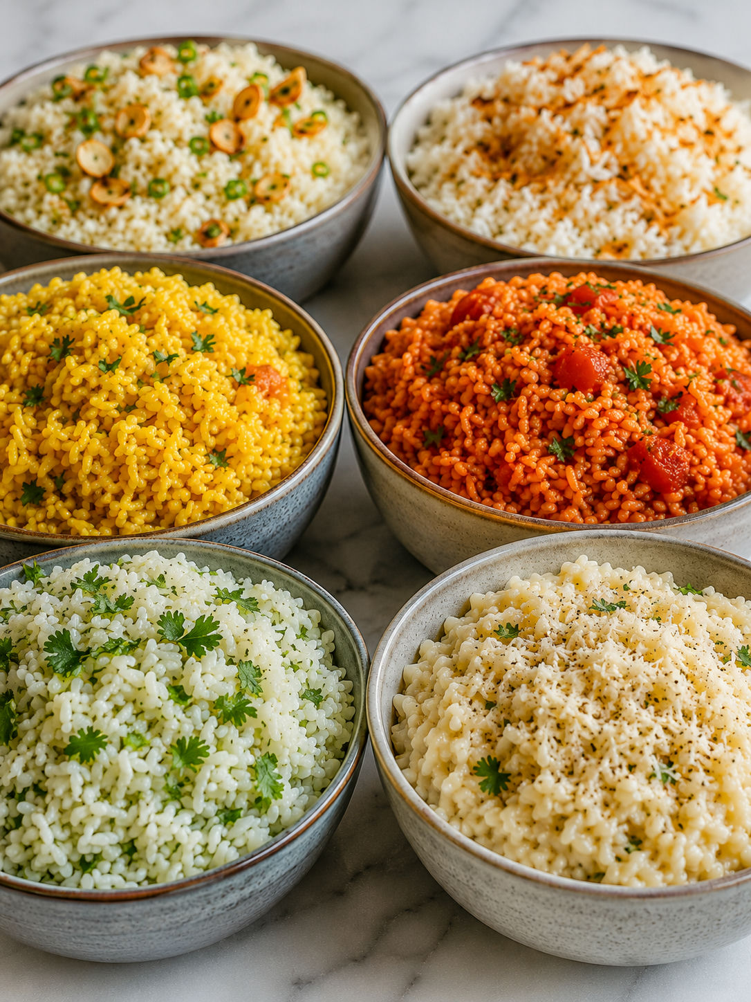 Six cozy bowls of flavored rice with bright herbs, parmesan, tomato, and lime