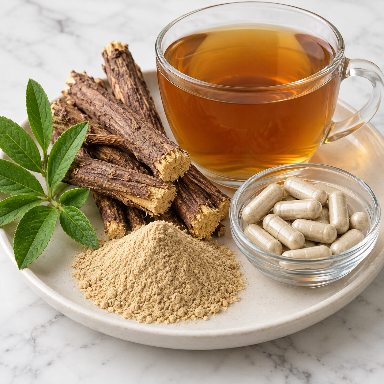 Licorice root, tea, powder, and DGL capsules on a pale stone surface