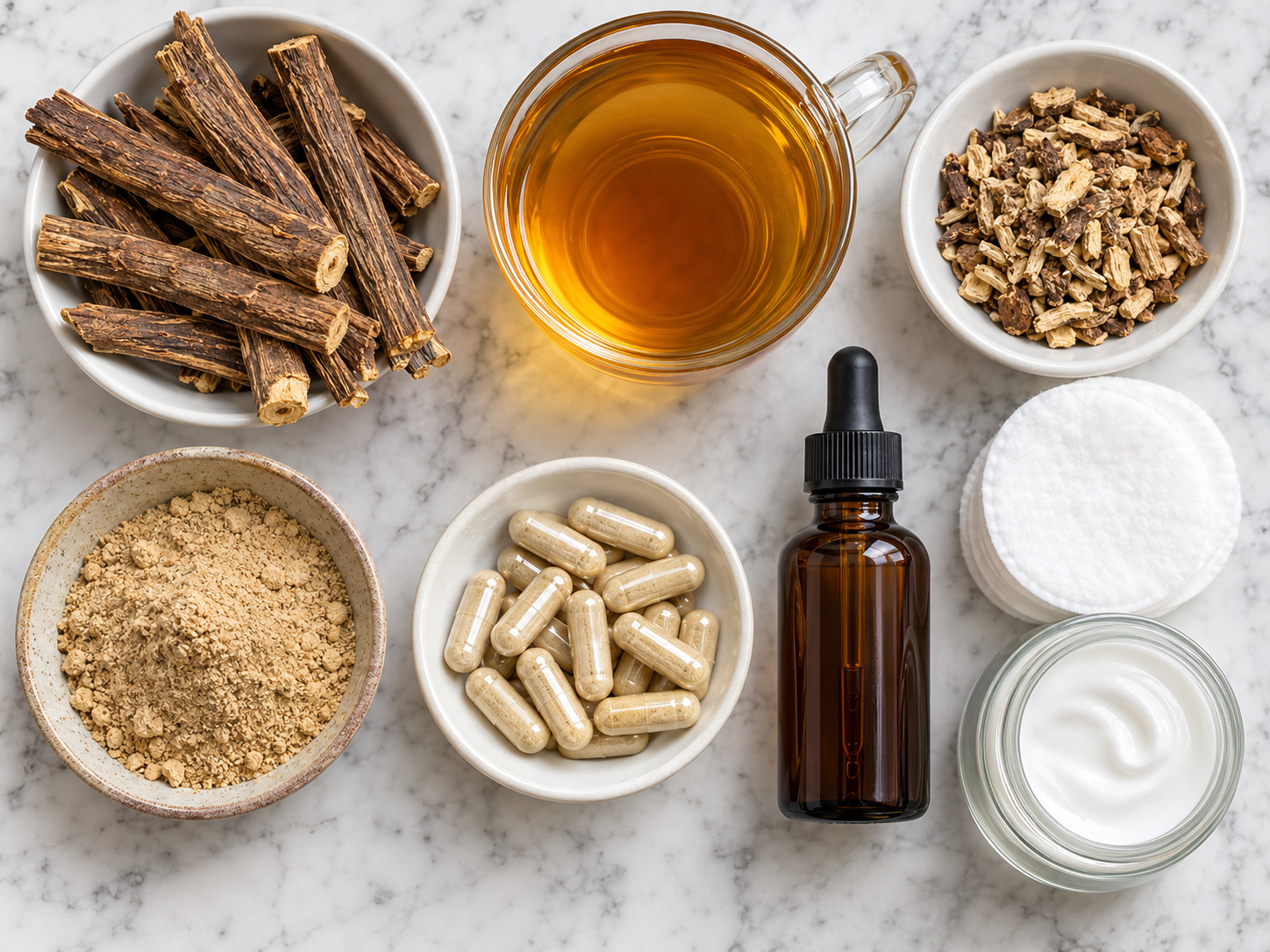 Licorice root sticks, tea, powder, capsules, and skin care items on stone