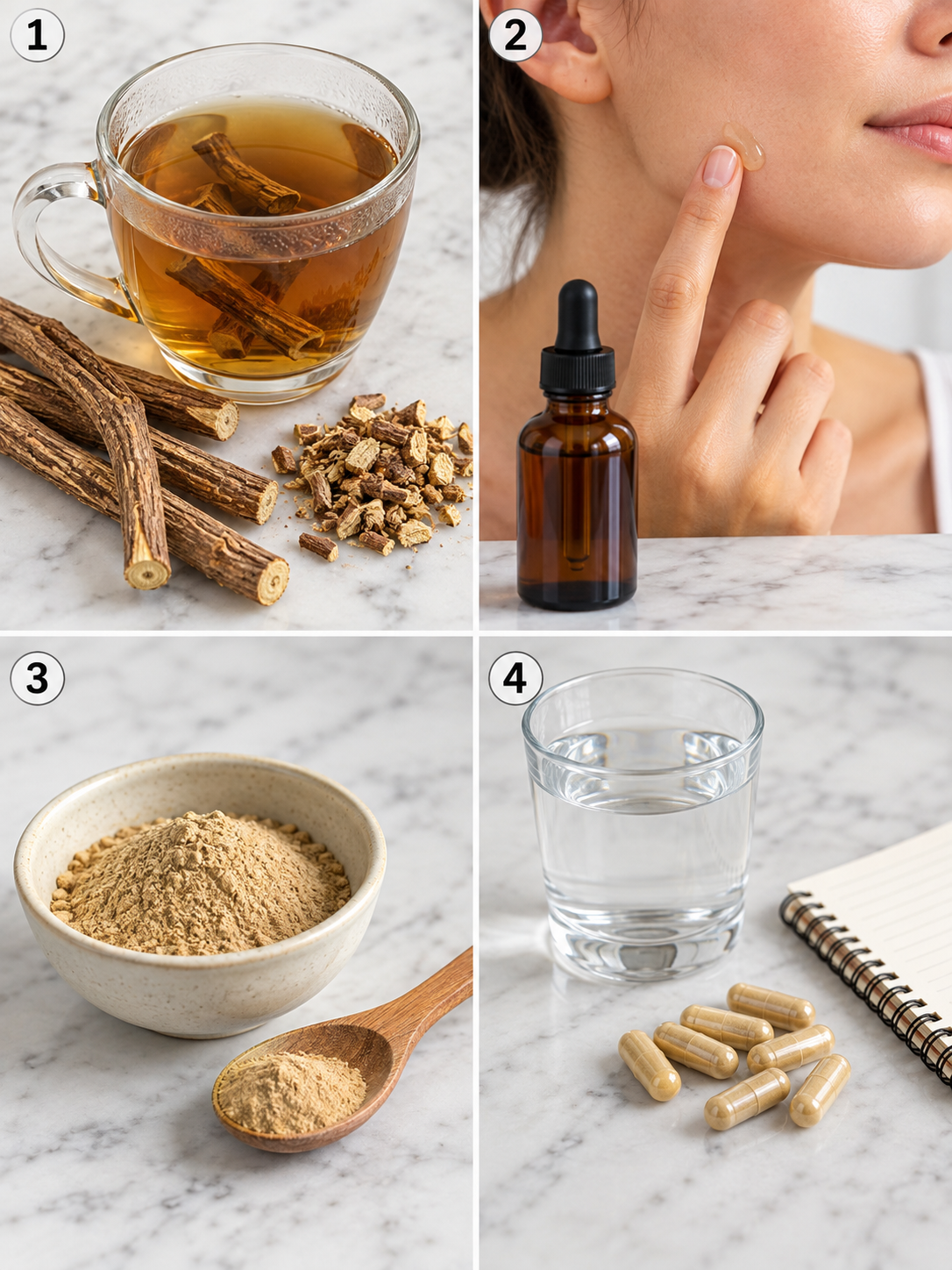 Four safe ways to use licorice root, serum, powder, and DGL