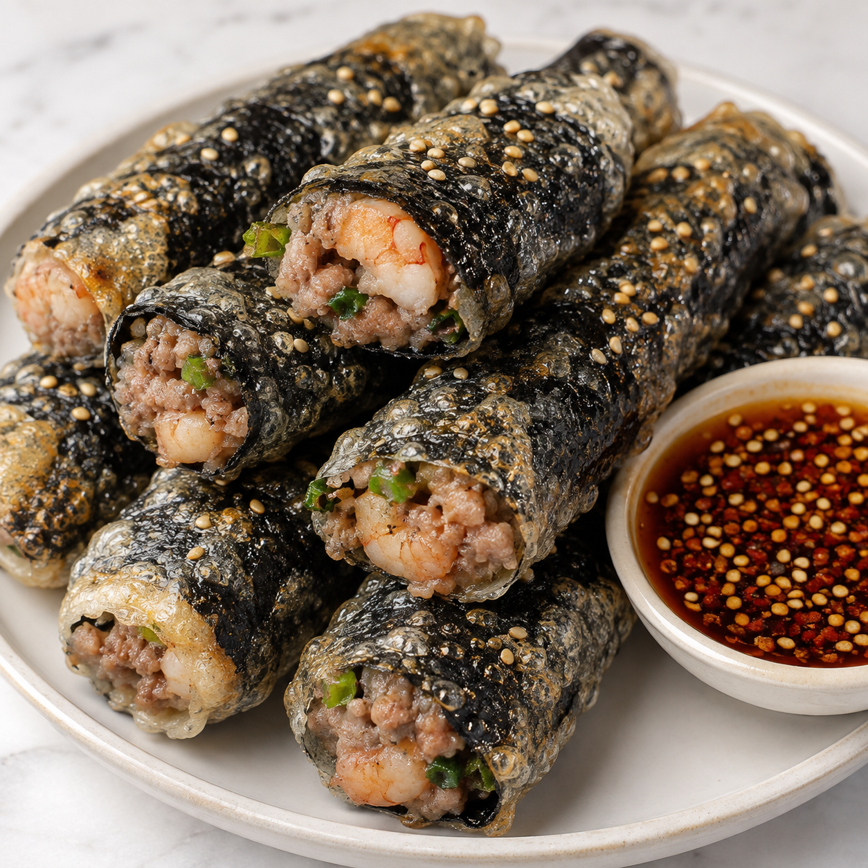 Crispy seaweed rice paper spring rolls with chili sesame dipping sauce