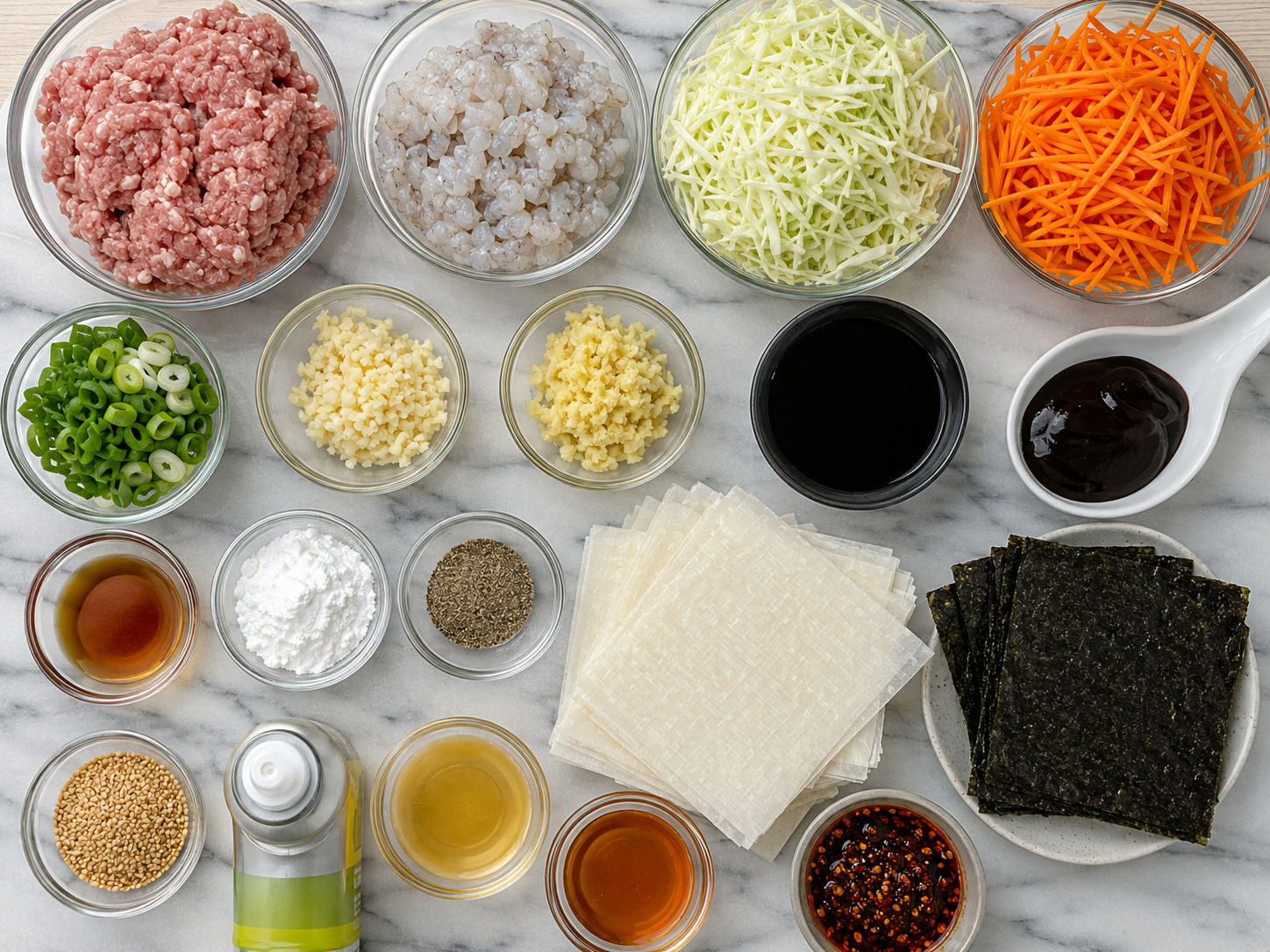 Ingredients for seaweed rice paper spring rolls on a wood surface