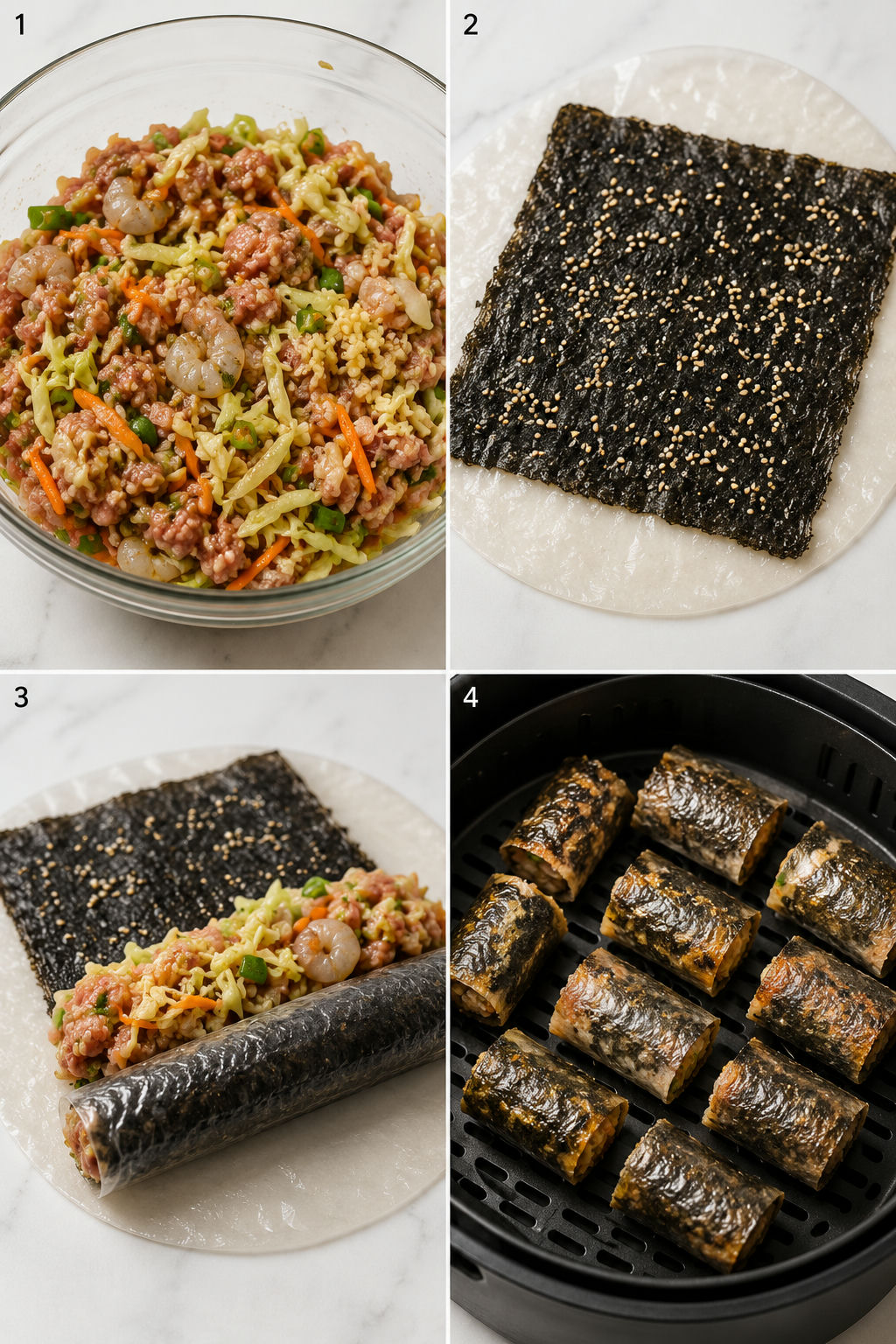 Steps for rolling and air frying seaweed rice paper spring rolls