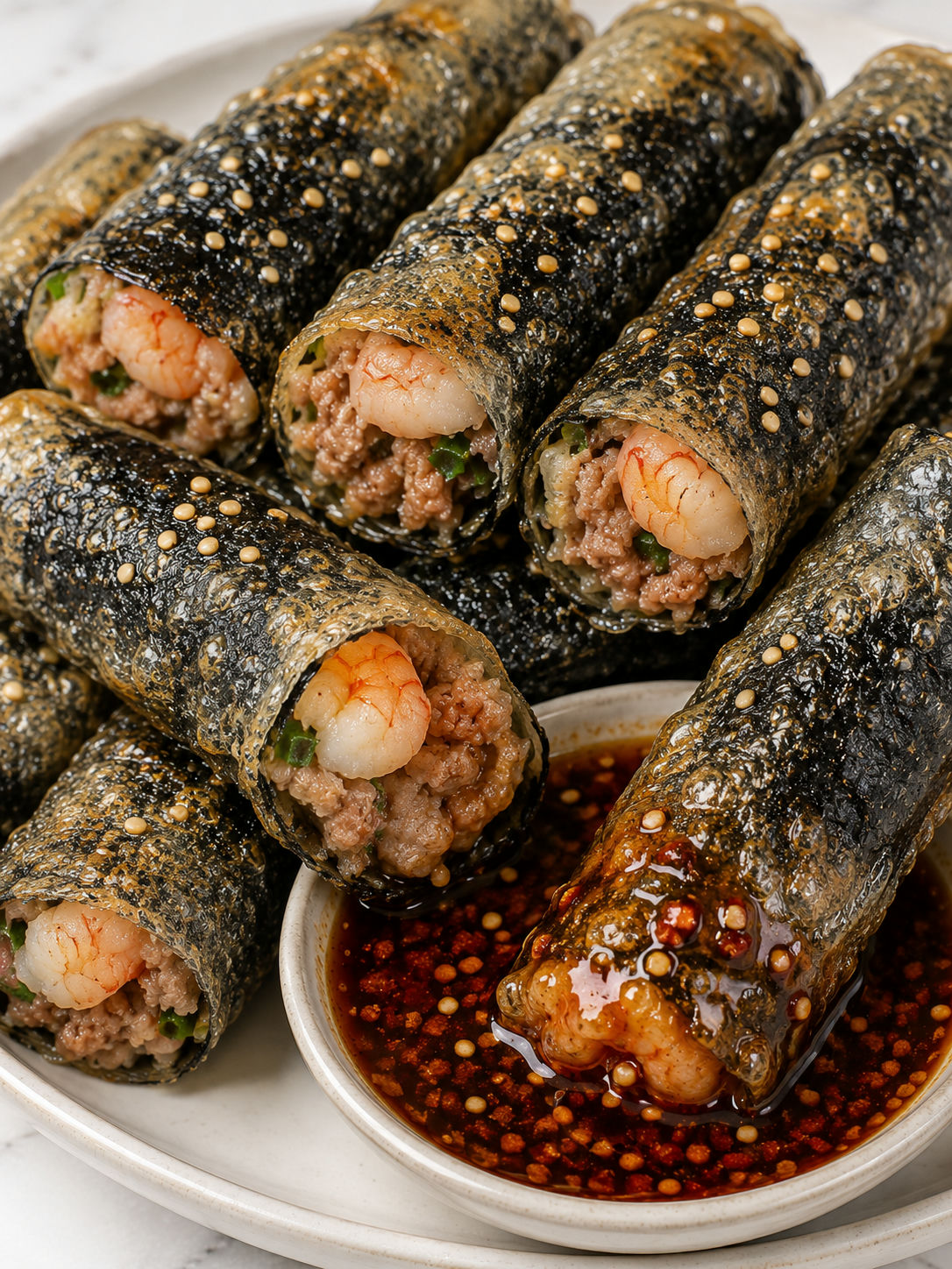 Seaweed rice paper spring rolls dipped in soy chili sesame sauce
