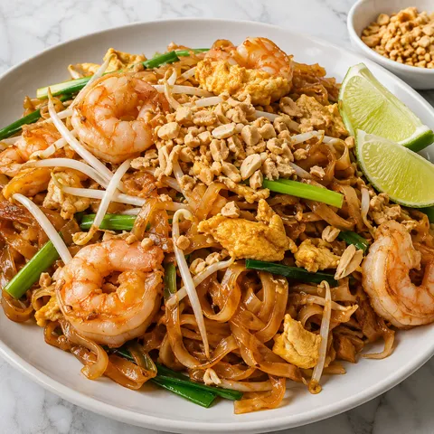 Shrimp Pad Thai with peanuts, bean sprouts, scallions, and lime