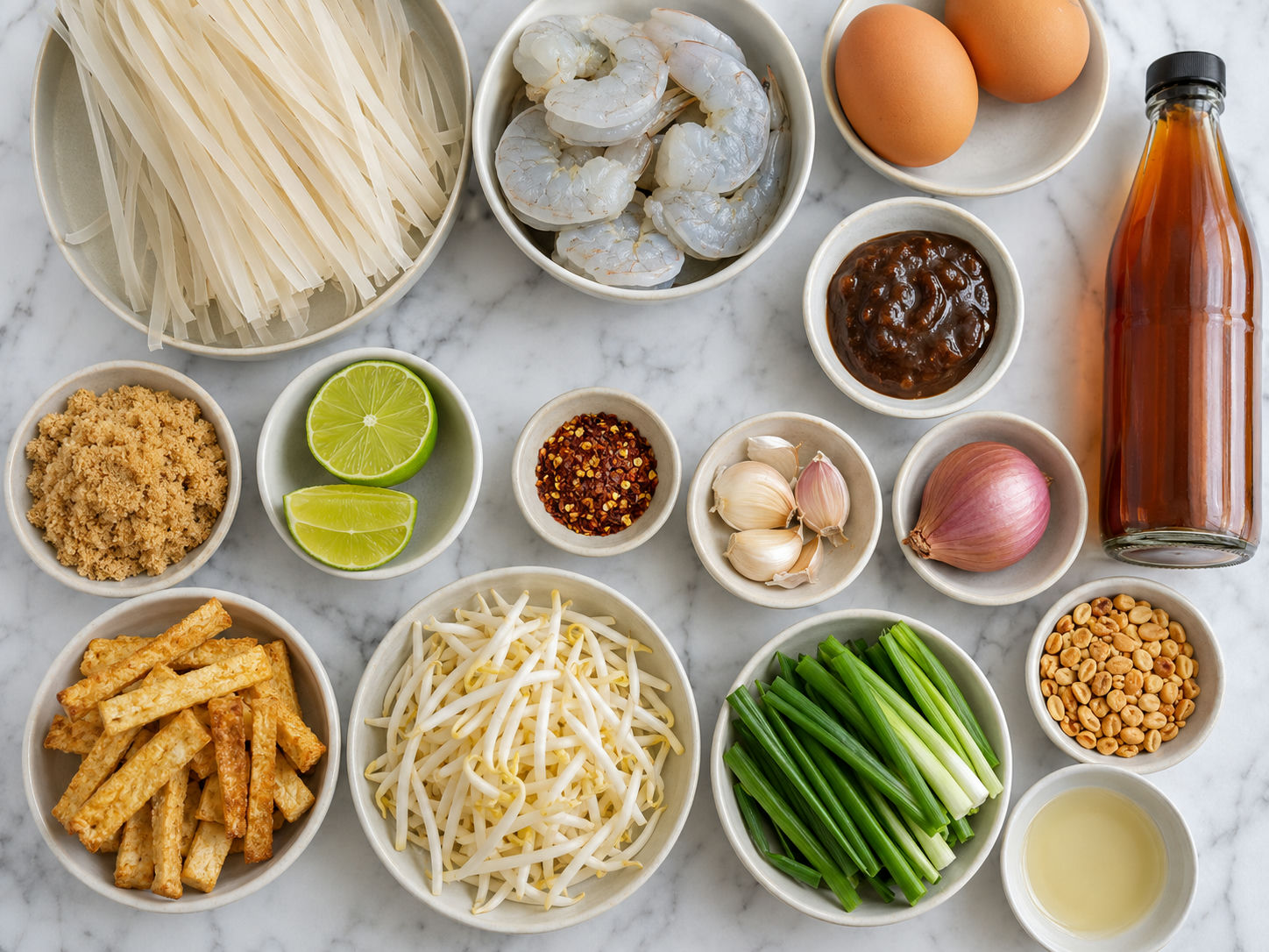 Shrimp Pad Thai ingredients with rice noodles, shrimp, tamarind, sprouts, and peanuts