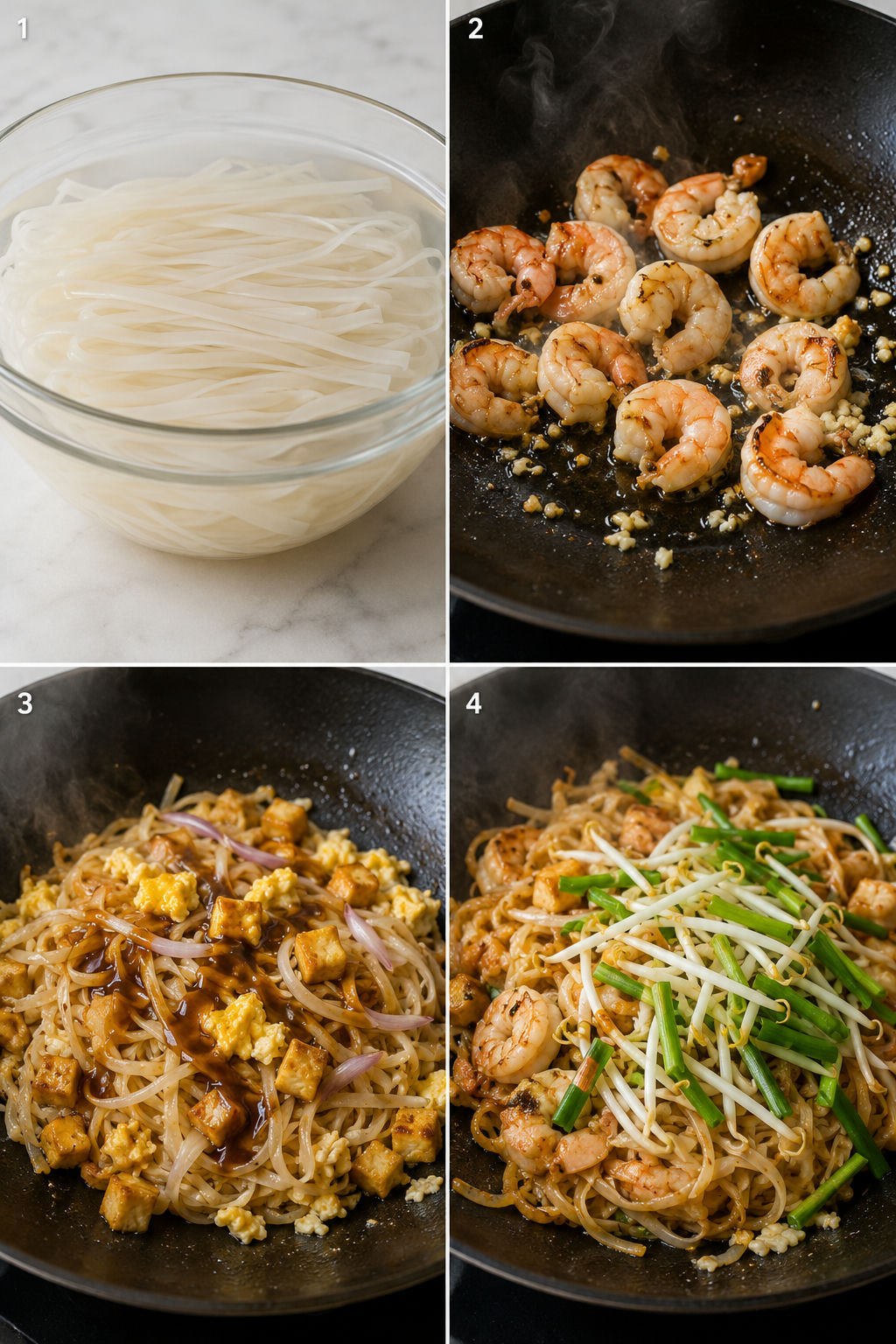 Four cooking steps for Shrimp Pad Thai from soaking noodles to tossing sprouts