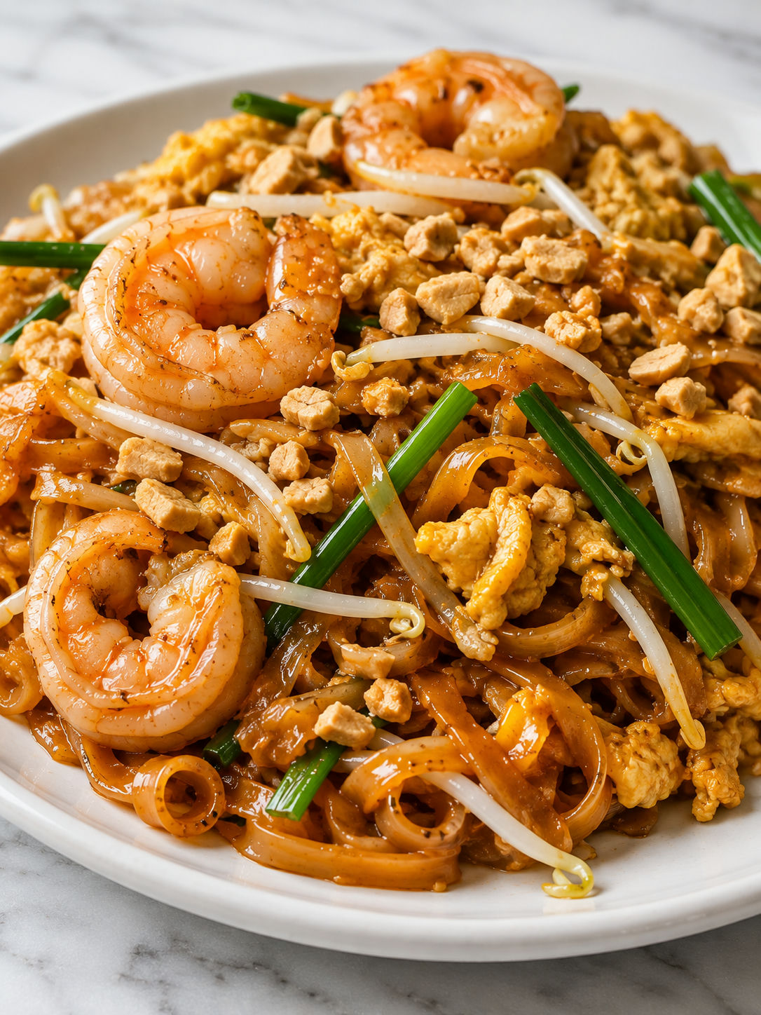 Shrimp Pad Thai with glossy noodles, peanuts, sprouts, scallions, and lime