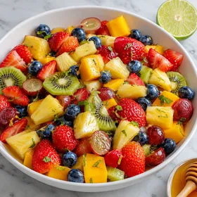Mixed fruit salad with berries, pineapple, kiwi, mango, grapes, and lime