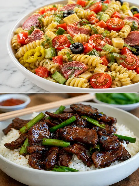 Sizzling saucy Asian beef with peppers, scallions, sesame, and rice
