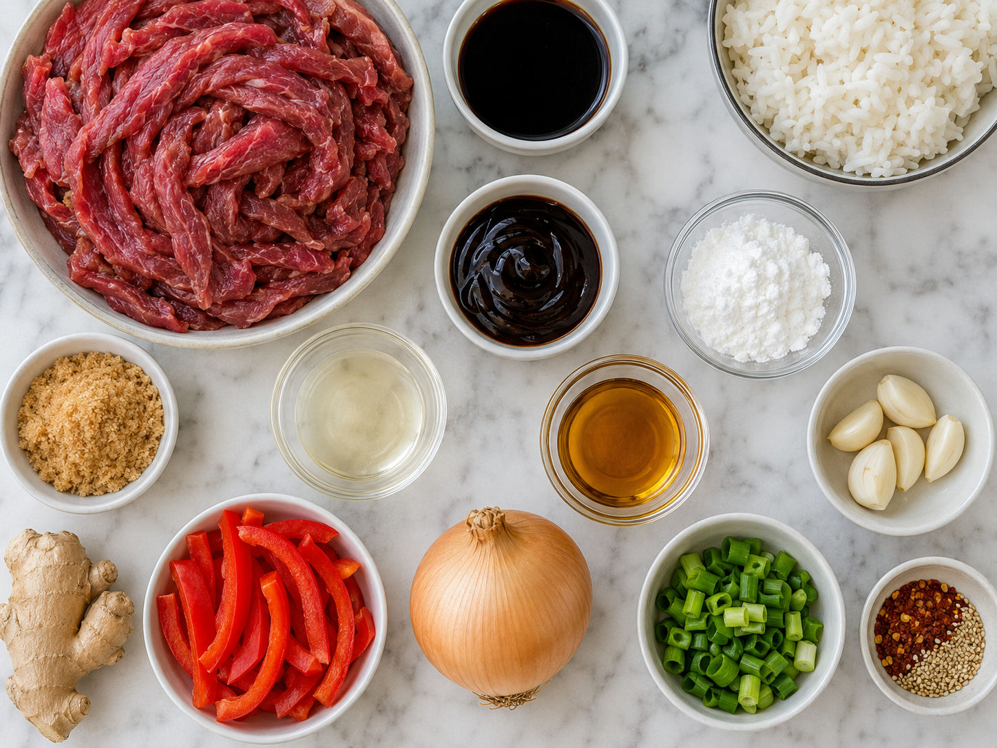 Raw beef stir-fry ingredients with peppers, scallions, garlic, ginger, and sauces
