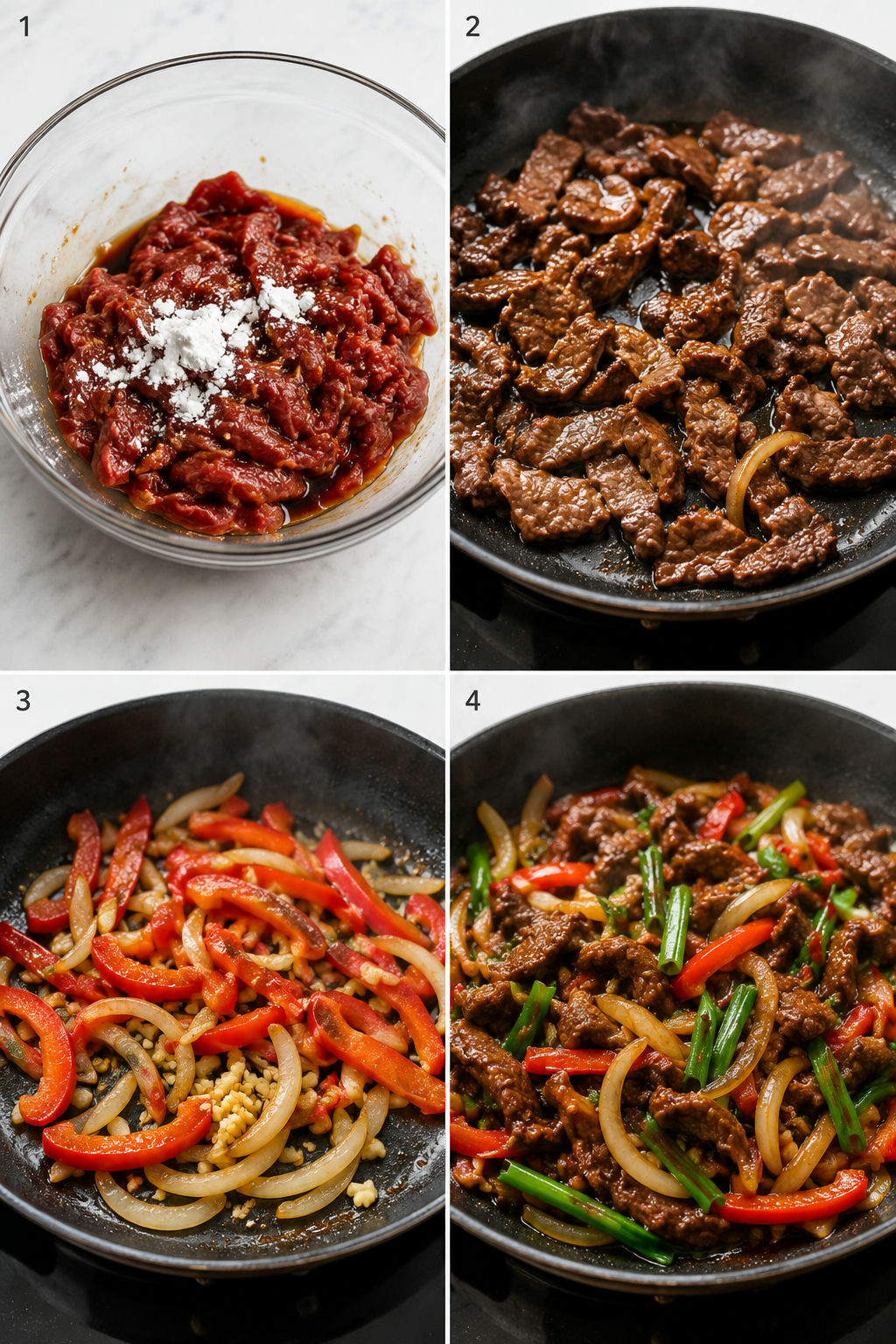 Four cooking steps for saucy Asian beef stir-fry in a skillet