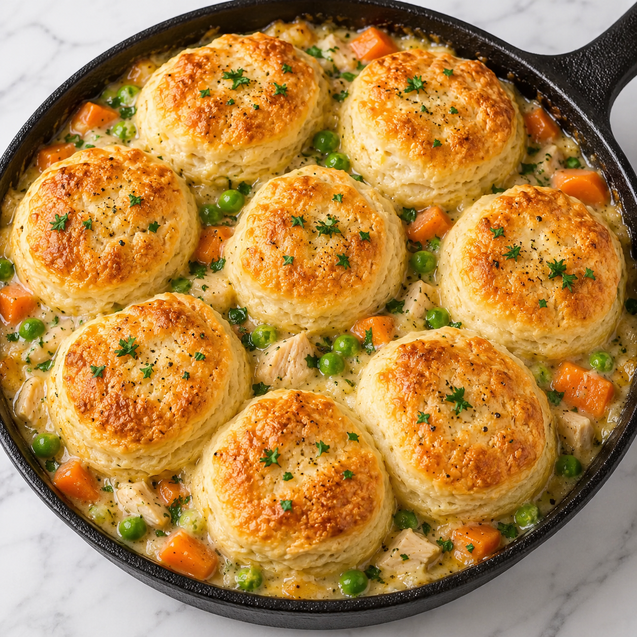 Skillet chicken pot pie casserole with golden biscuits and creamy filling