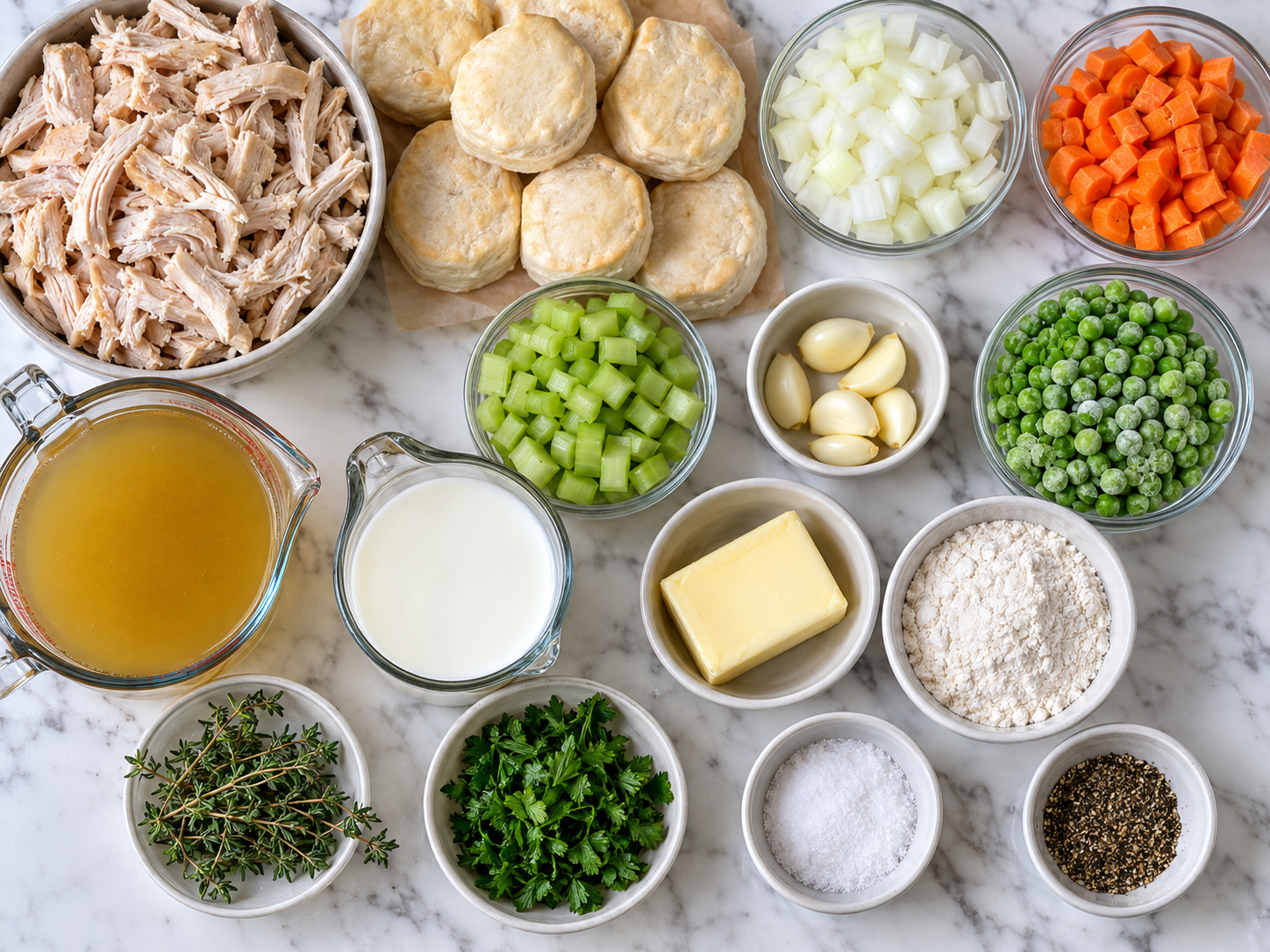 Ingredients for skillet chicken pot pie casserole with biscuits and vegetables