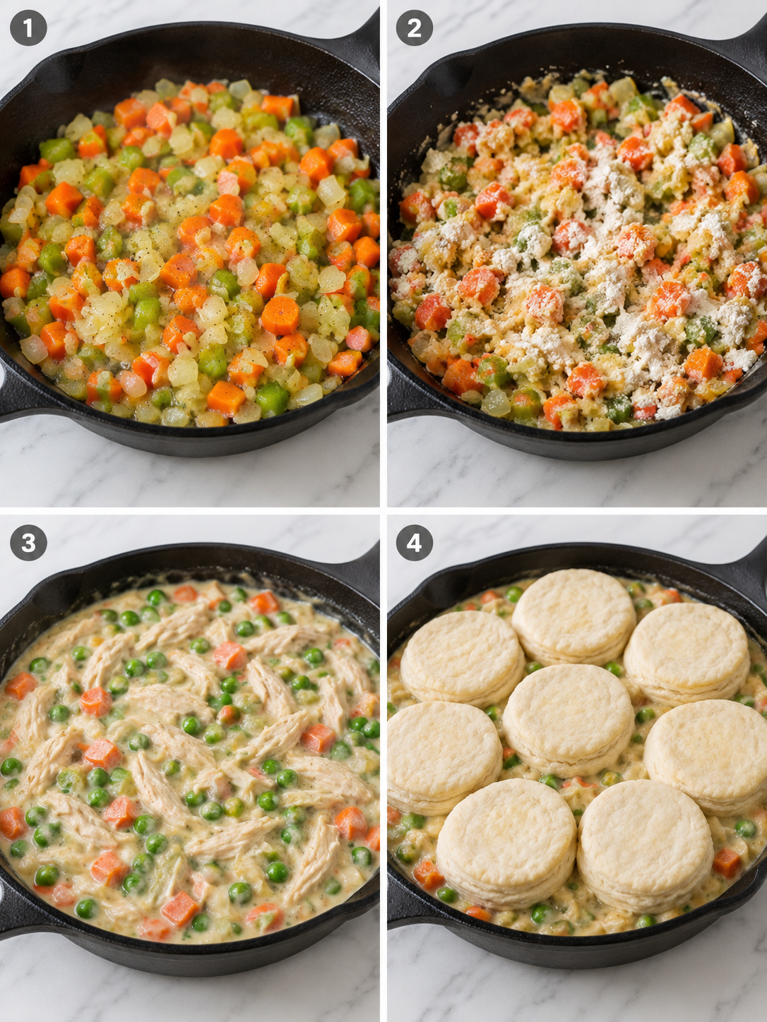 Steps for making chicken pot pie casserole in a cast iron skillet