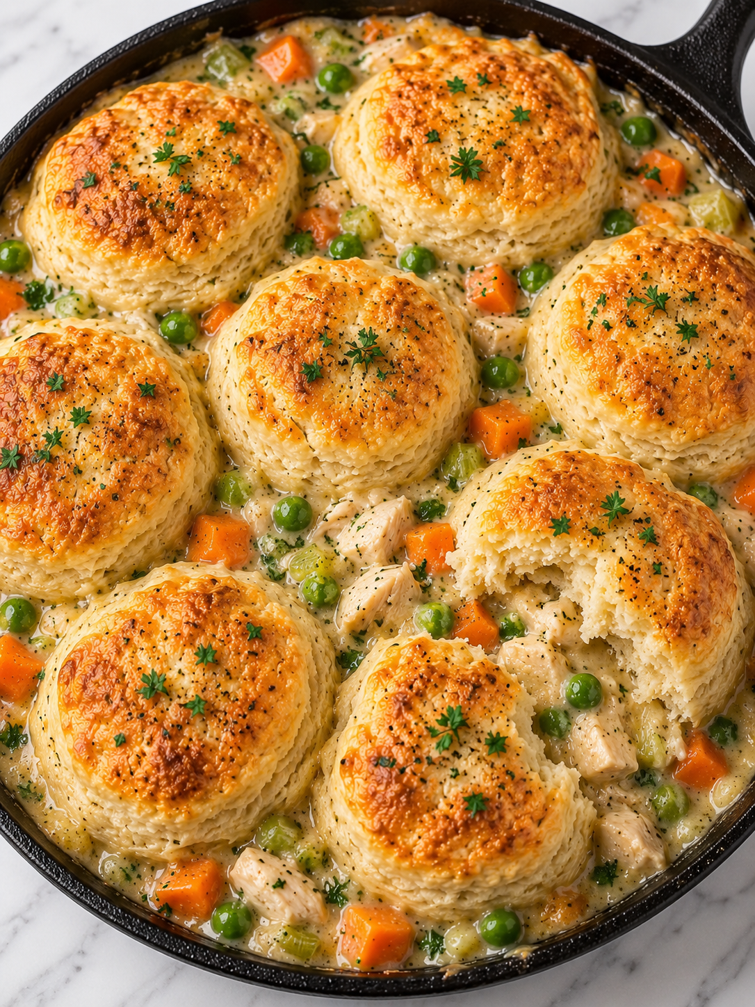 Golden biscuit topped chicken pot pie casserole with creamy vegetables