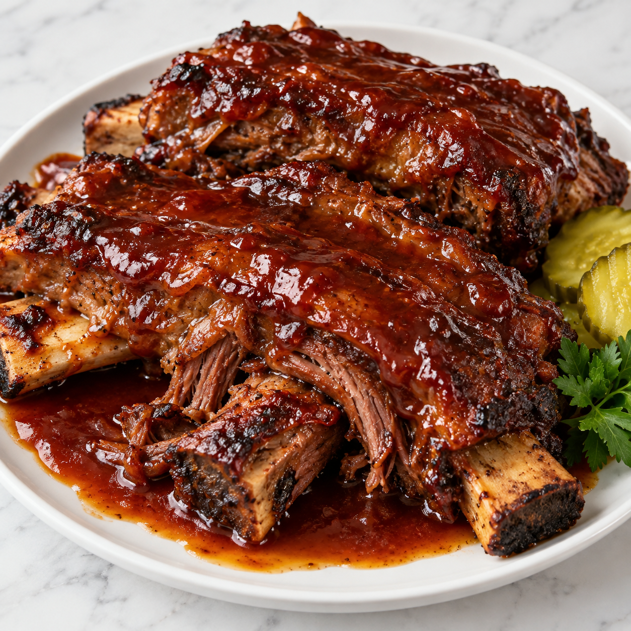 Sticky barbequed beef ribs on a white platter with pickles and parsley