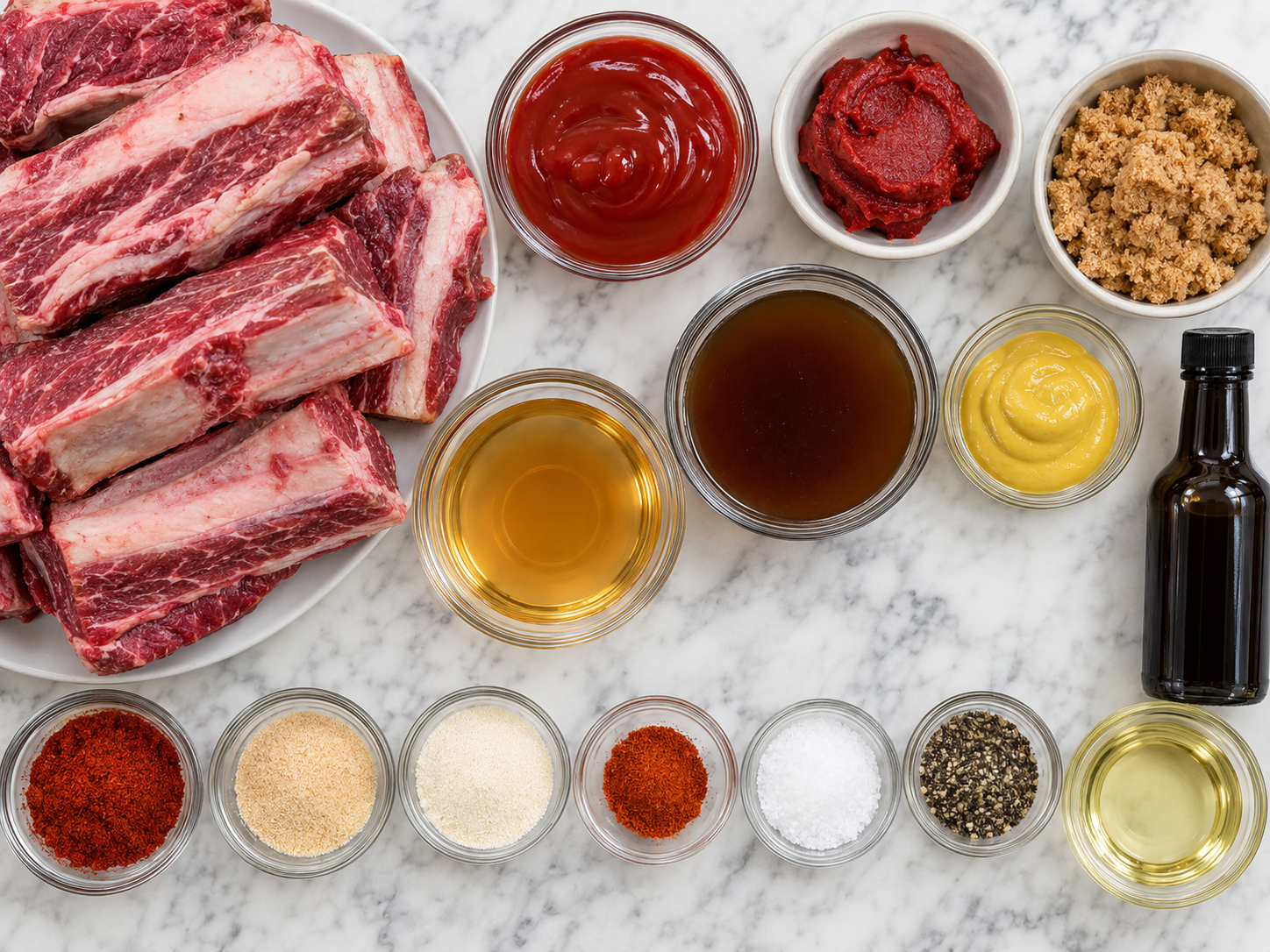 Raw beef ribs with barbecue sauce ingredients on a wooden surface