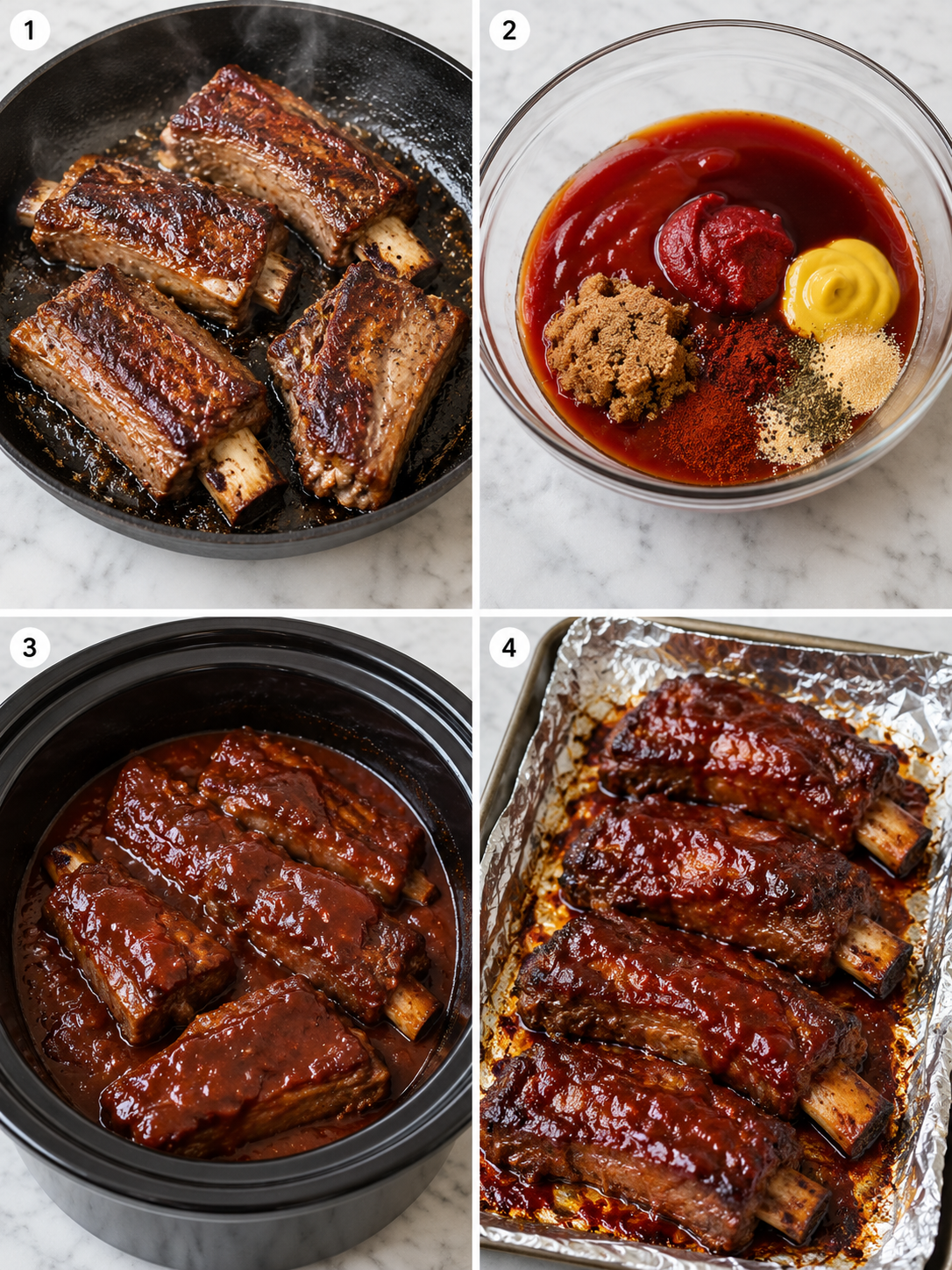 Four steps for making slow cooker barbequed beef ribs