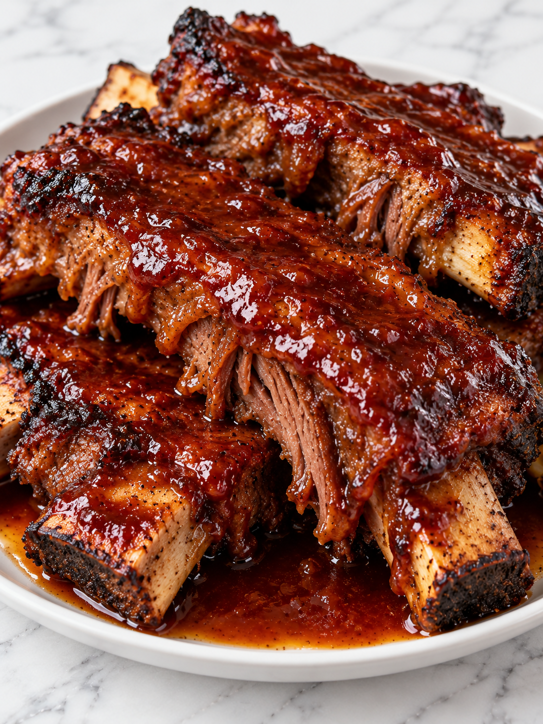 Sticky slow cooker barbequed beef ribs with glossy sauce and charred edges