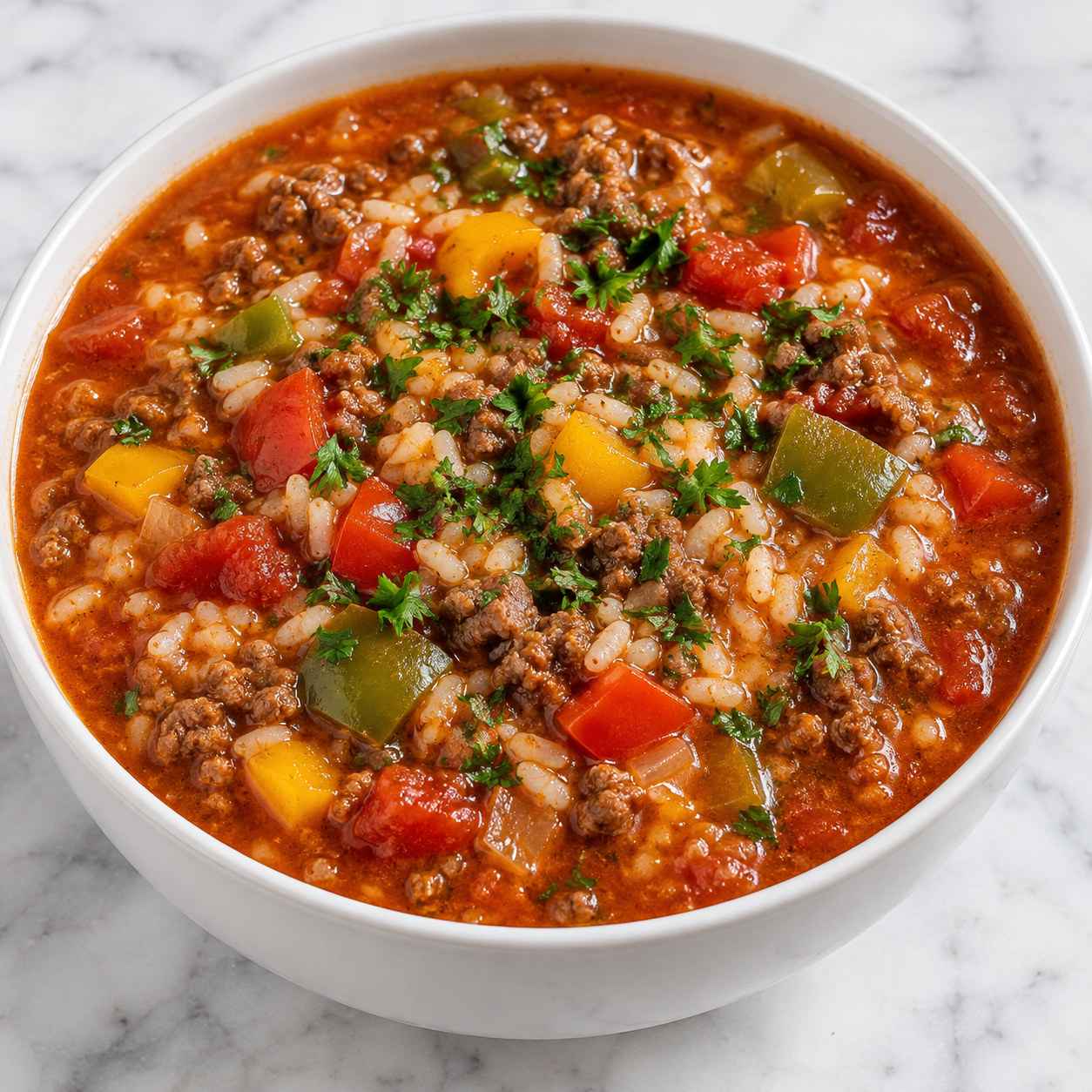 Slow cooker stuffed pepper soup with beef, peppers, rice, and parsley