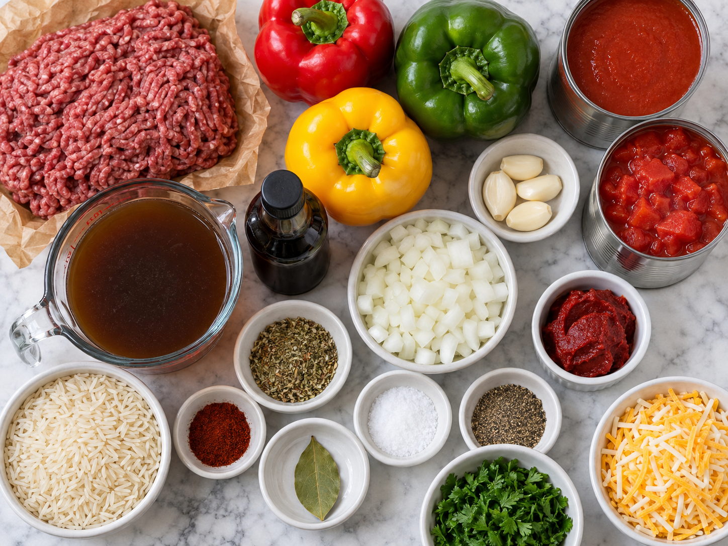 Ingredients for stuffed pepper soup with beef, peppers, tomatoes, rice, and herbs